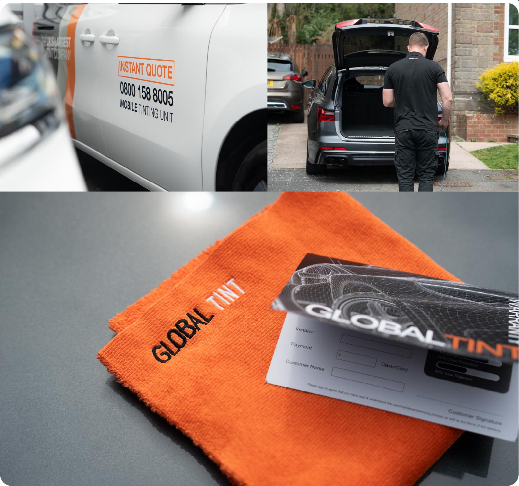 A Global Tint warranty card and cleaning cloth