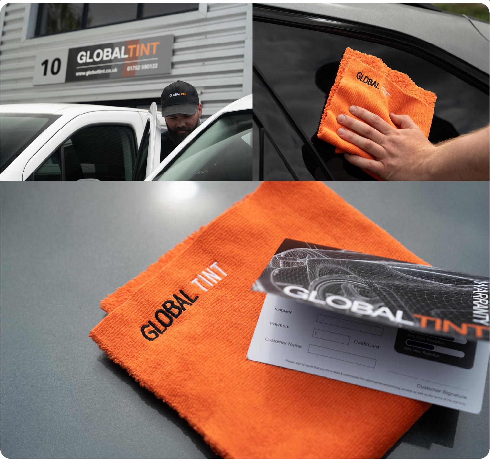 A Global Tint warranty card and cleaning cloth