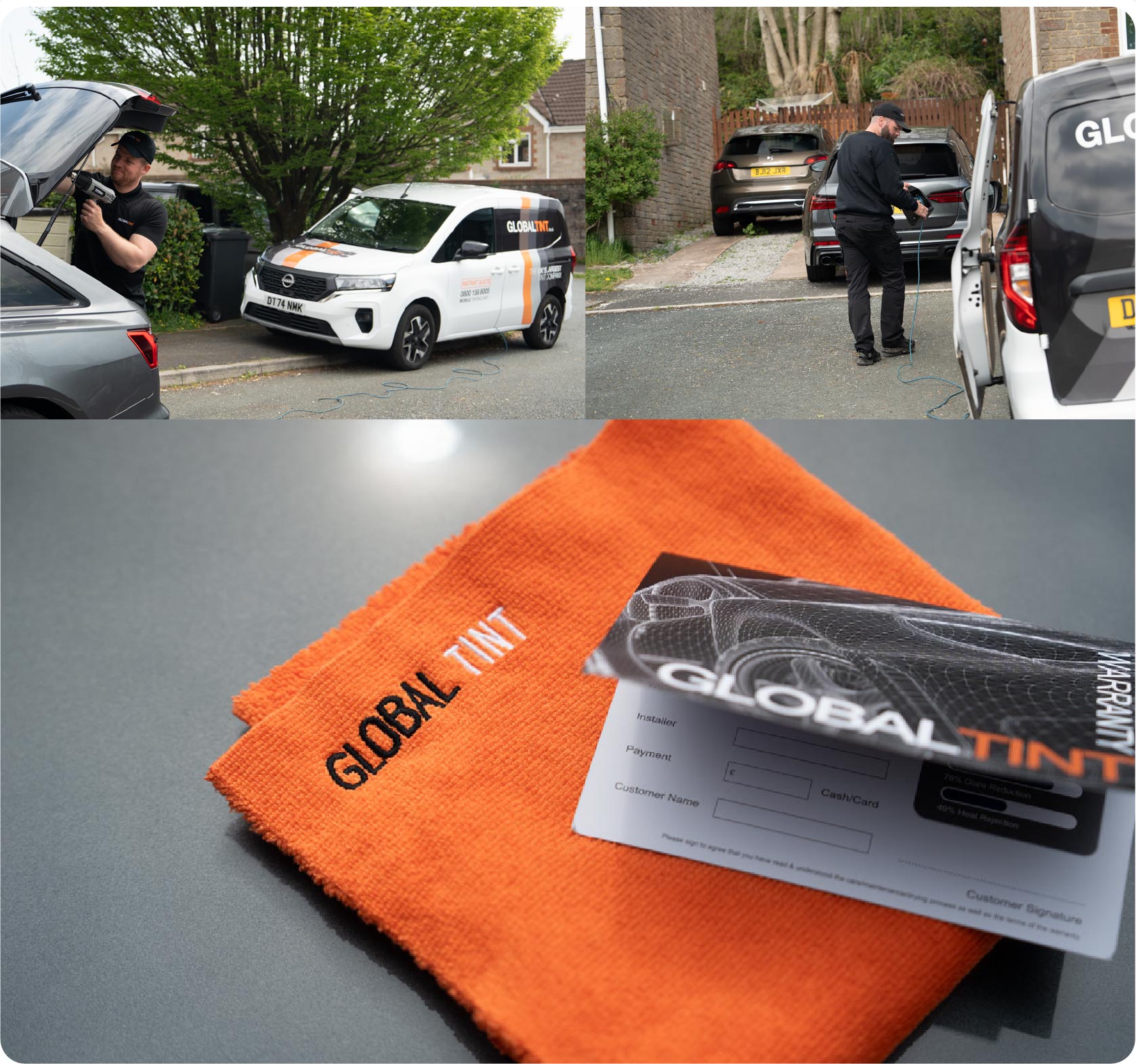 A Global Tint warranty card and cleaning cloth