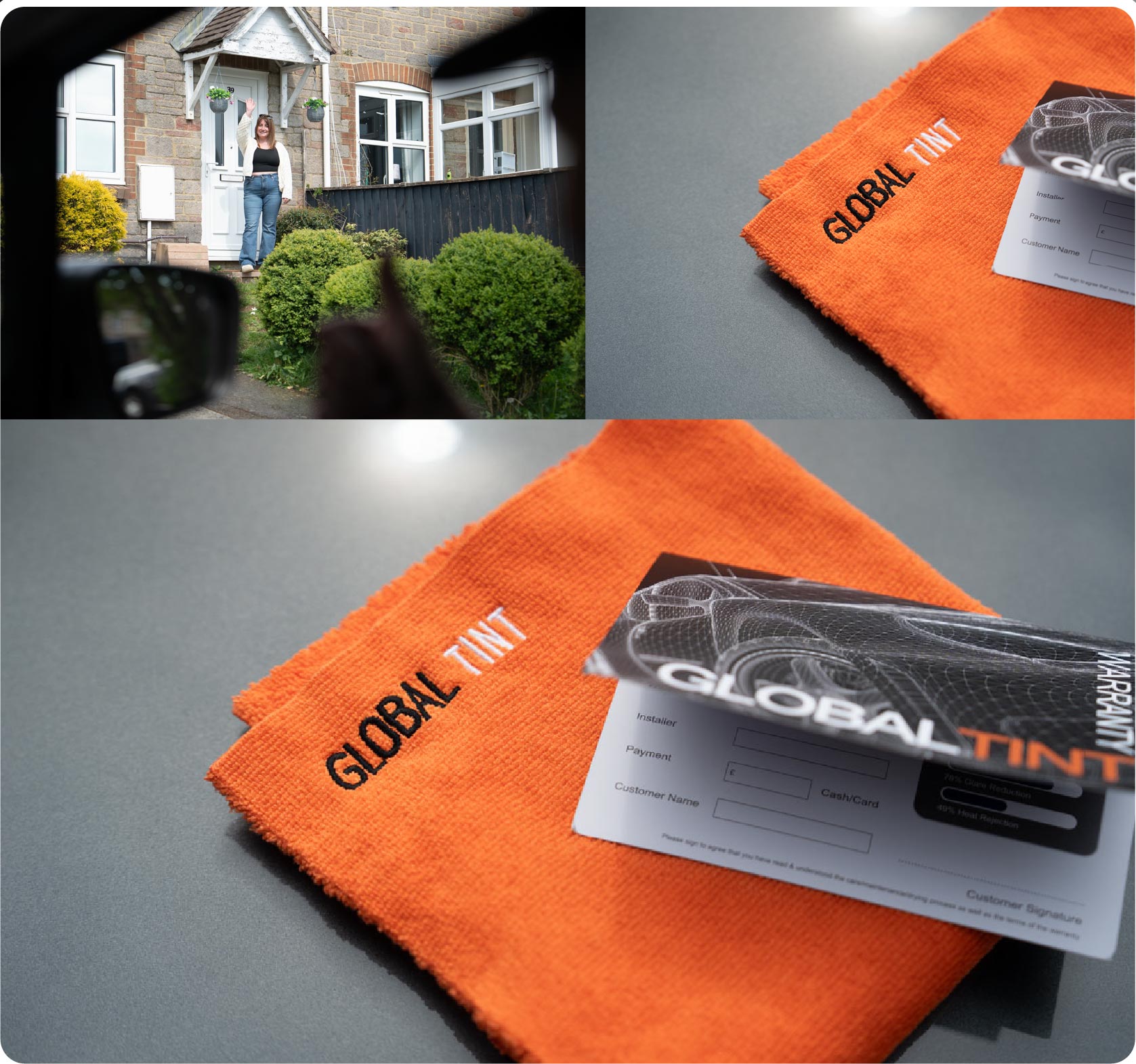 A Global Tint warranty card and cleaning cloth