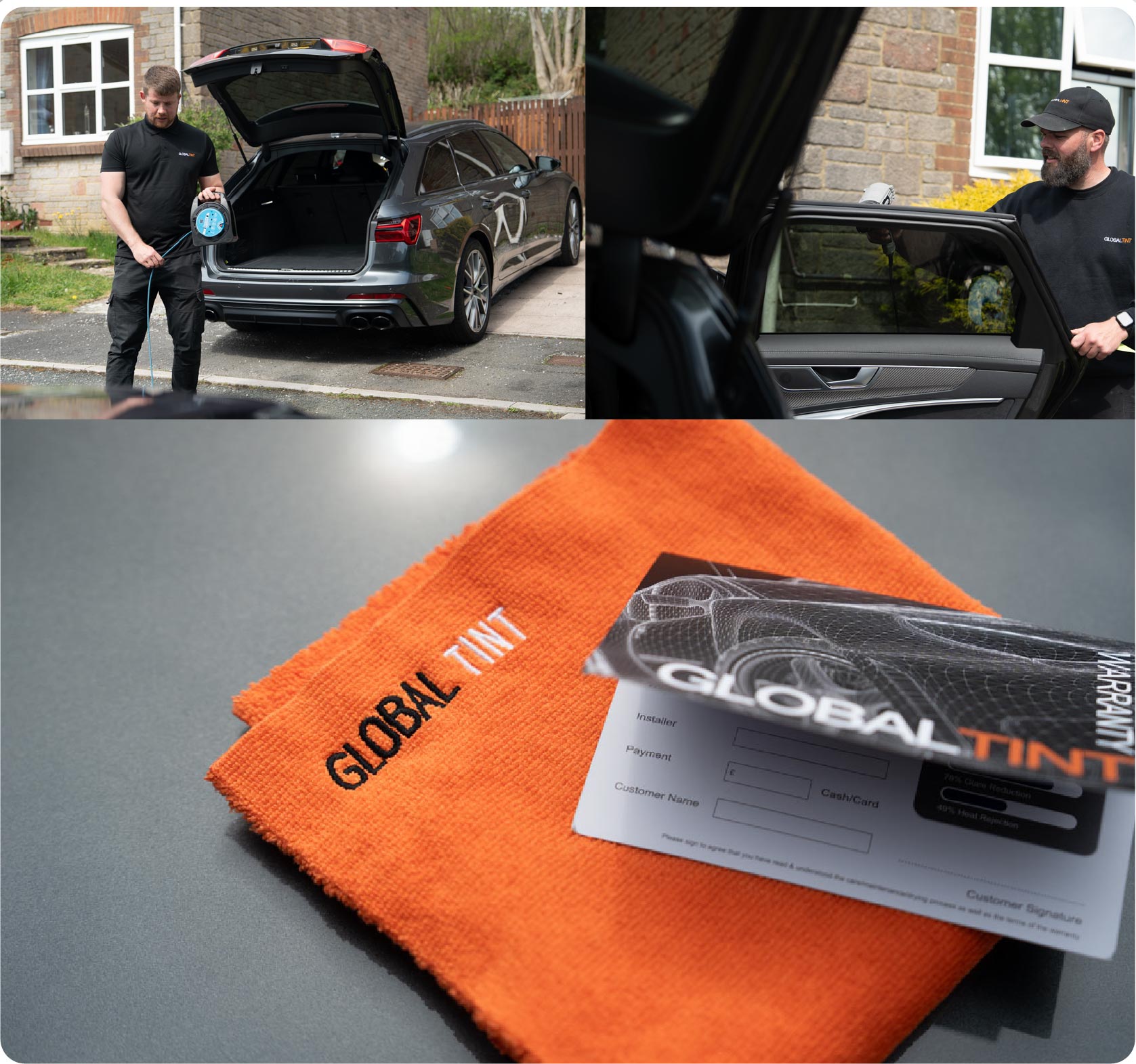 A Global Tint warranty card and cleaning cloth