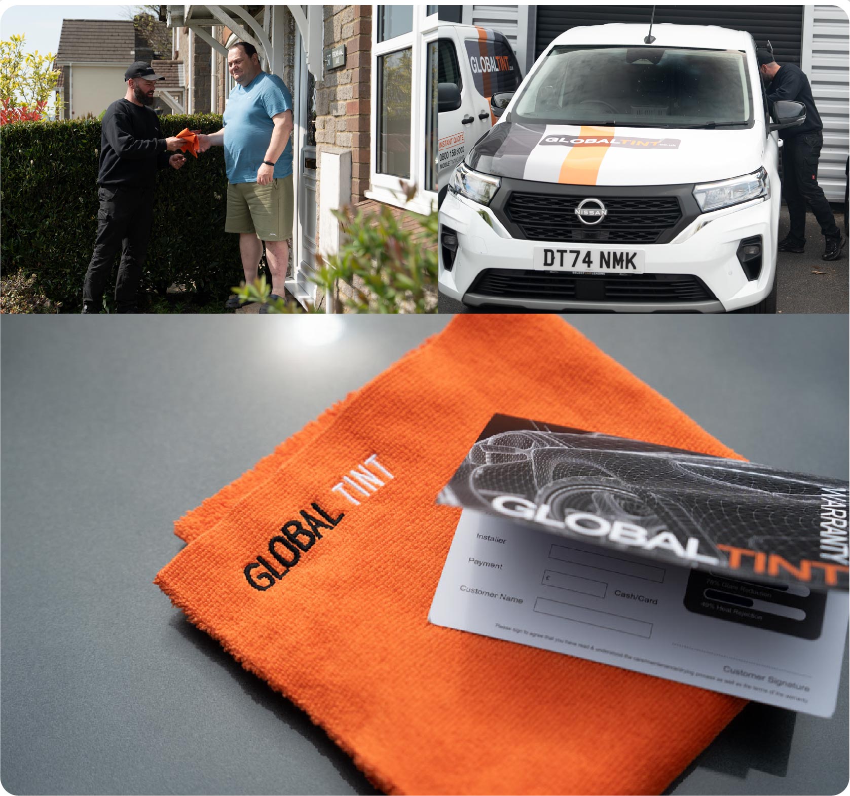 A Global Tint warranty card and cleaning cloth