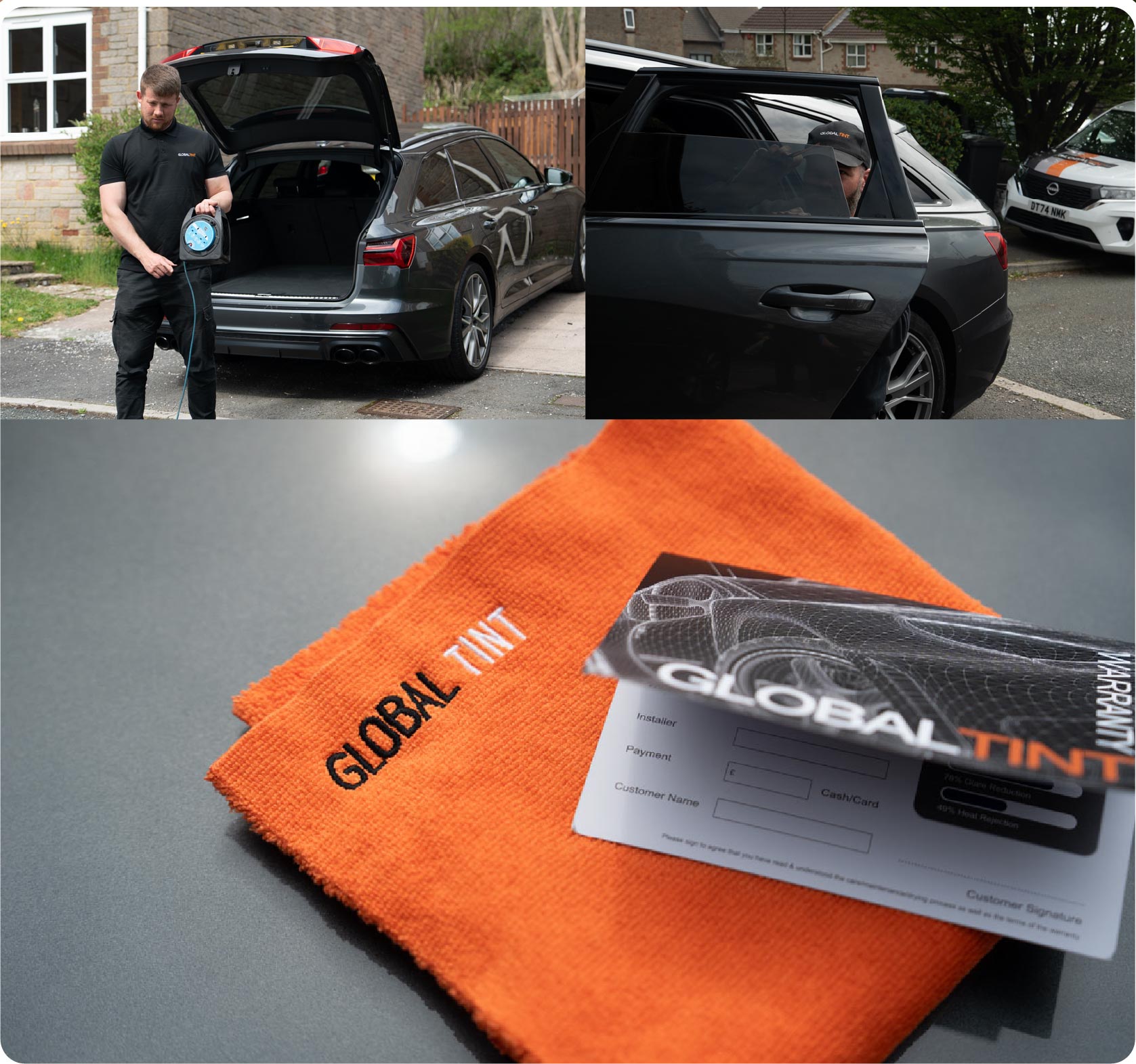A Global Tint warranty card and cleaning cloth