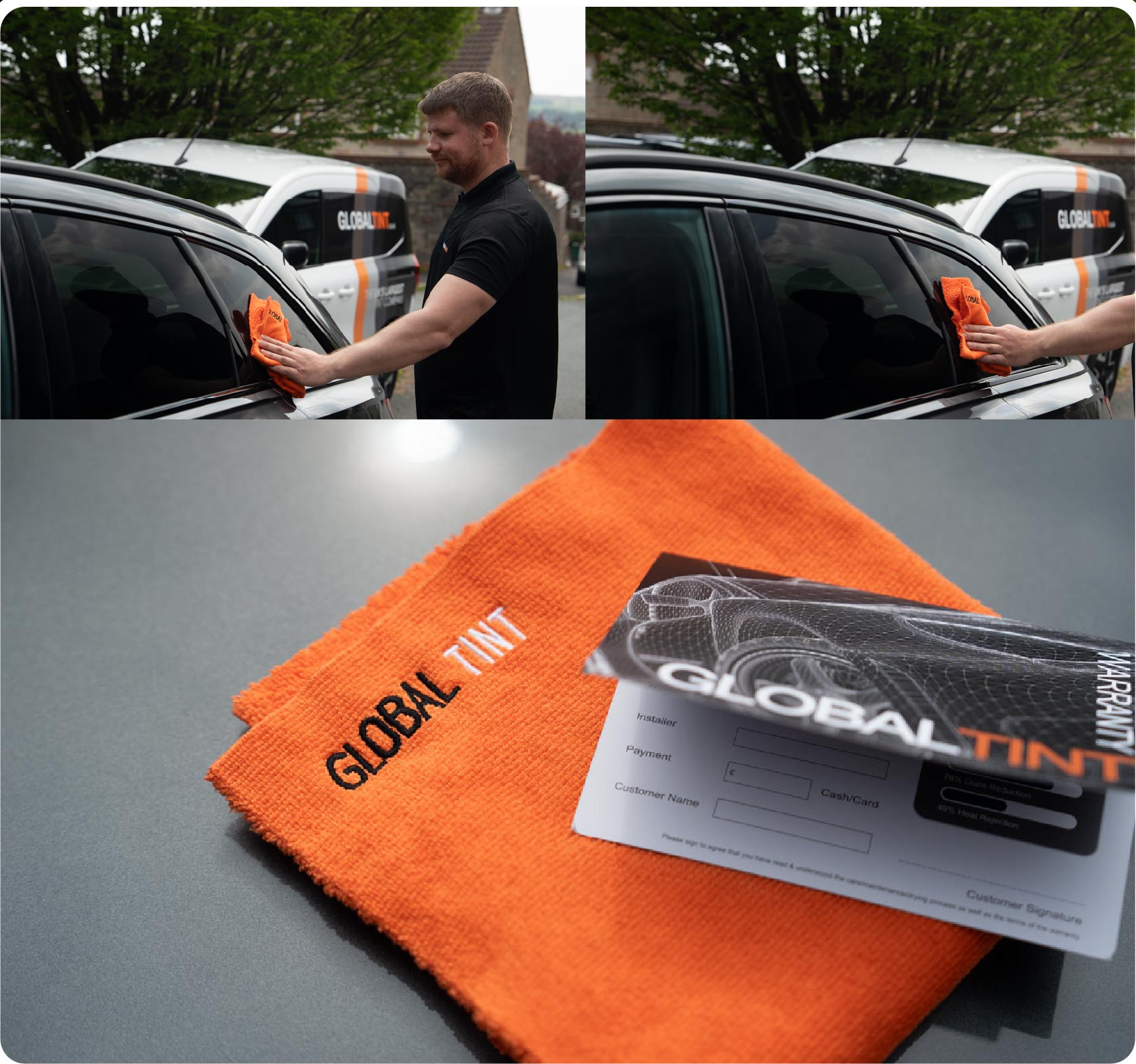 A Global Tint warranty card and cleaning cloth