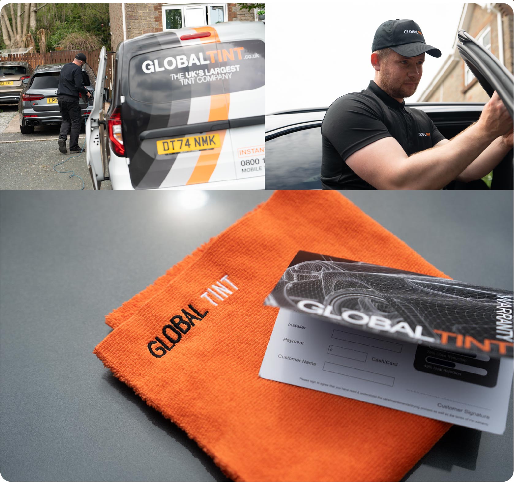 A Global Tint warranty card and cleaning cloth
