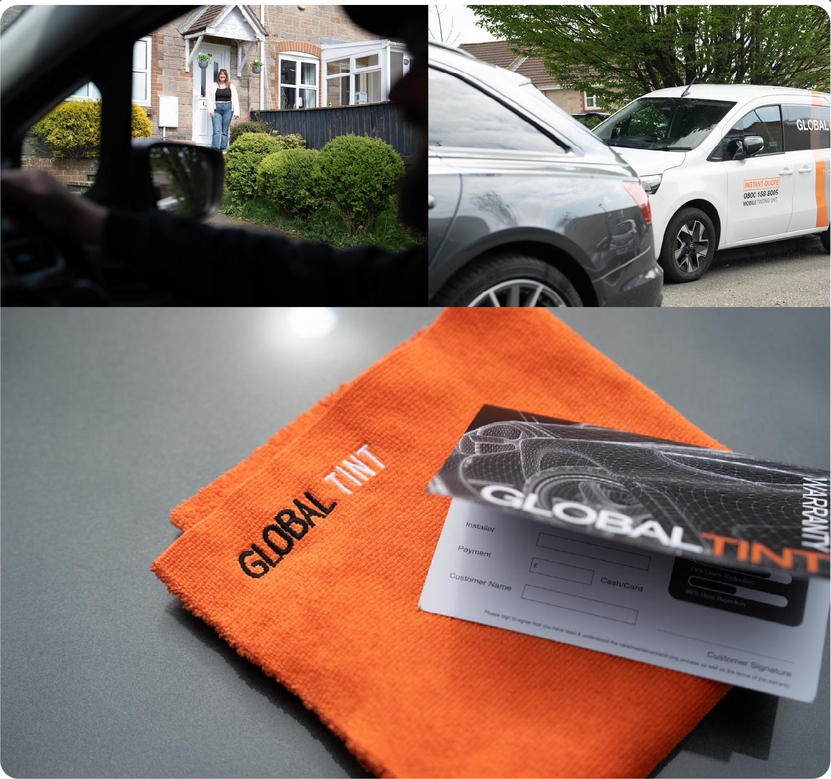 A Global Tint warranty card and cleaning cloth