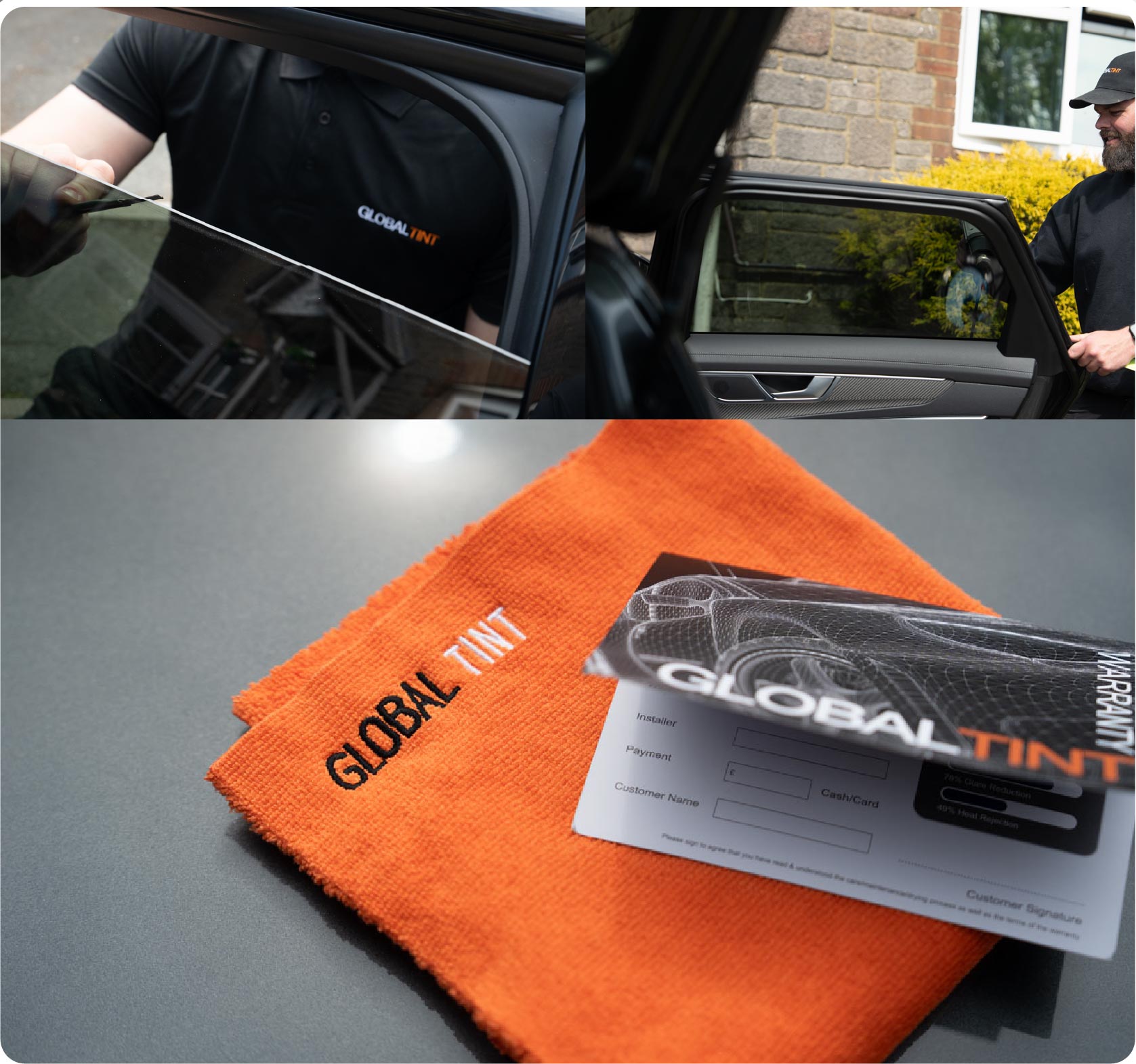 A Global Tint warranty card and cleaning cloth