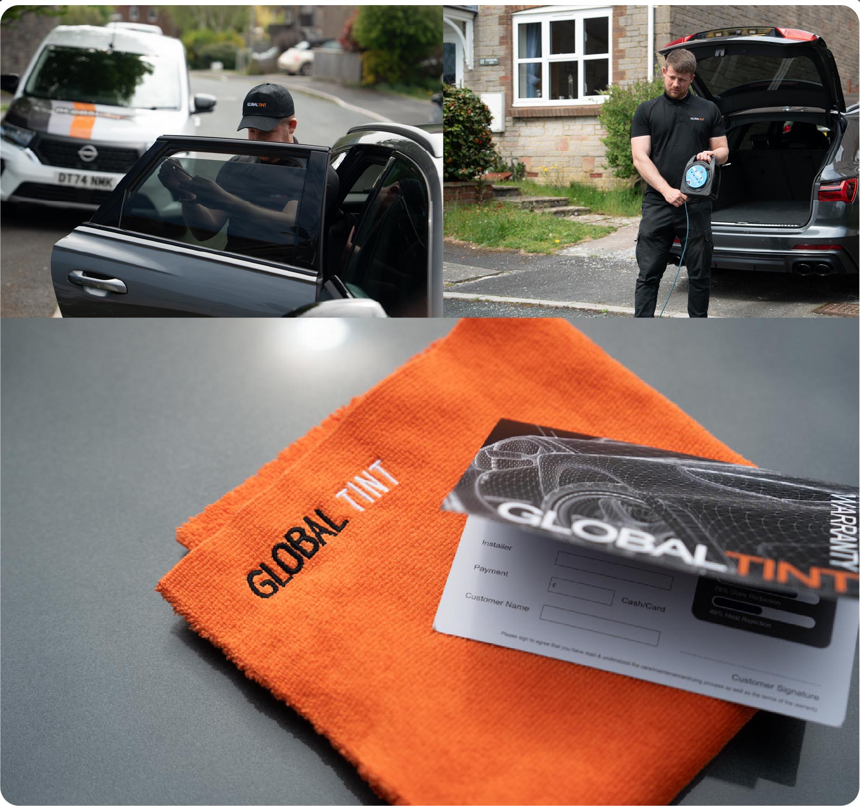 A Global Tint warranty card and cleaning cloth