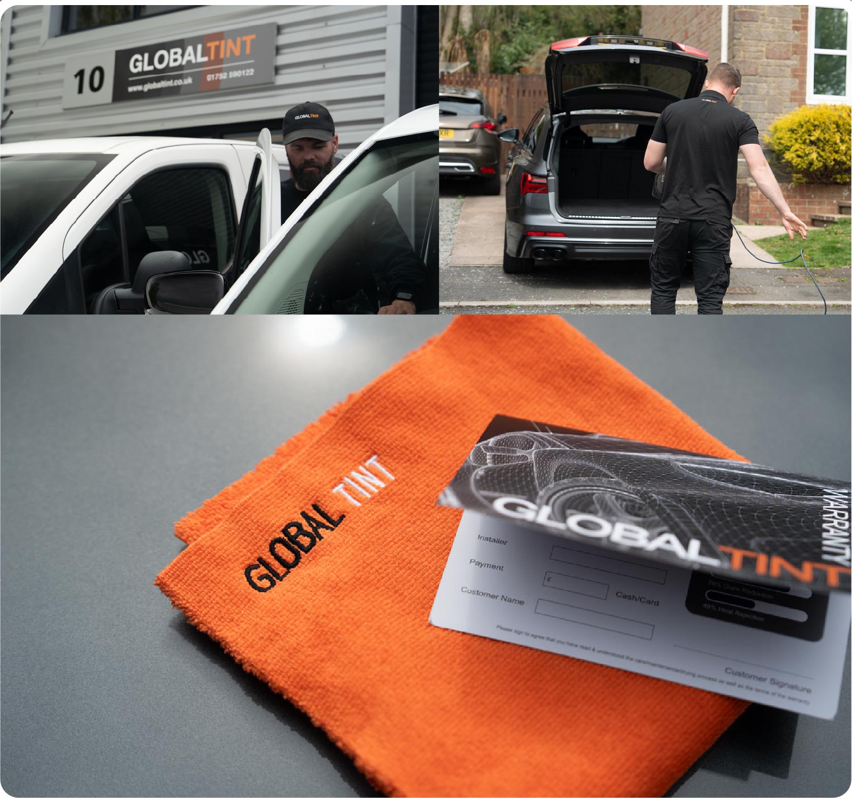 A Global Tint warranty card and cleaning cloth