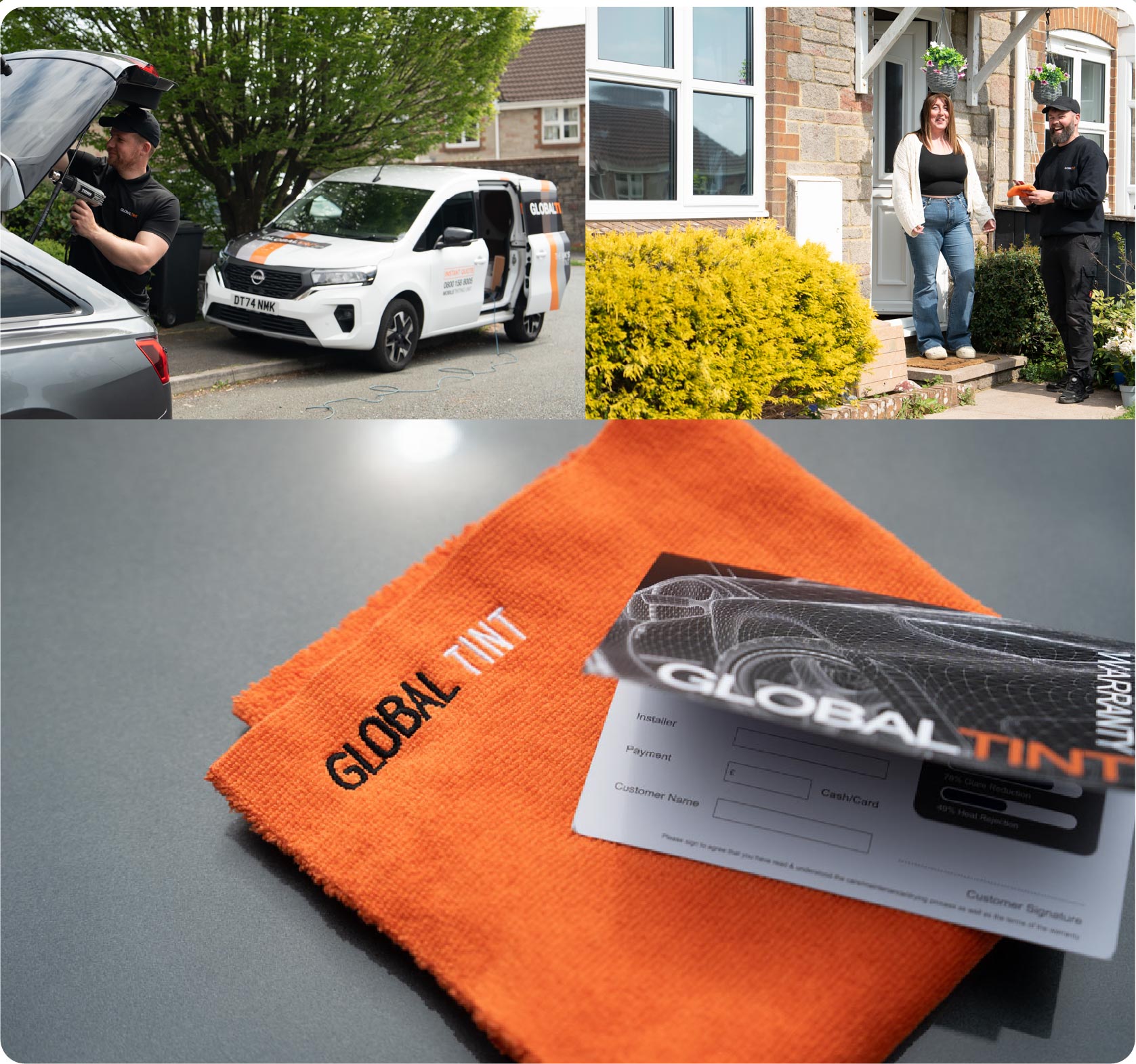 A Global Tint warranty card and cleaning cloth