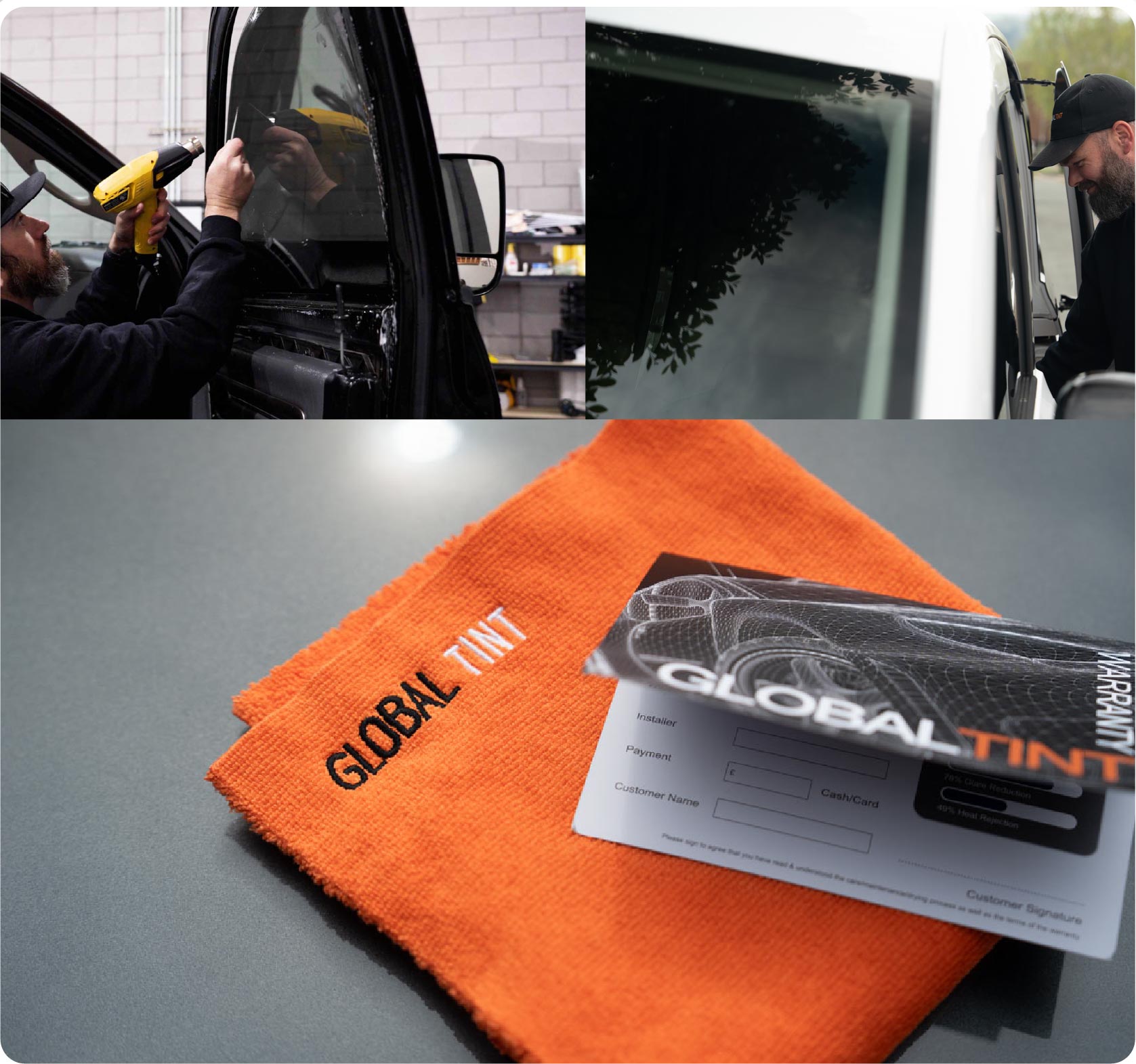 A Global Tint warranty card and cleaning cloth