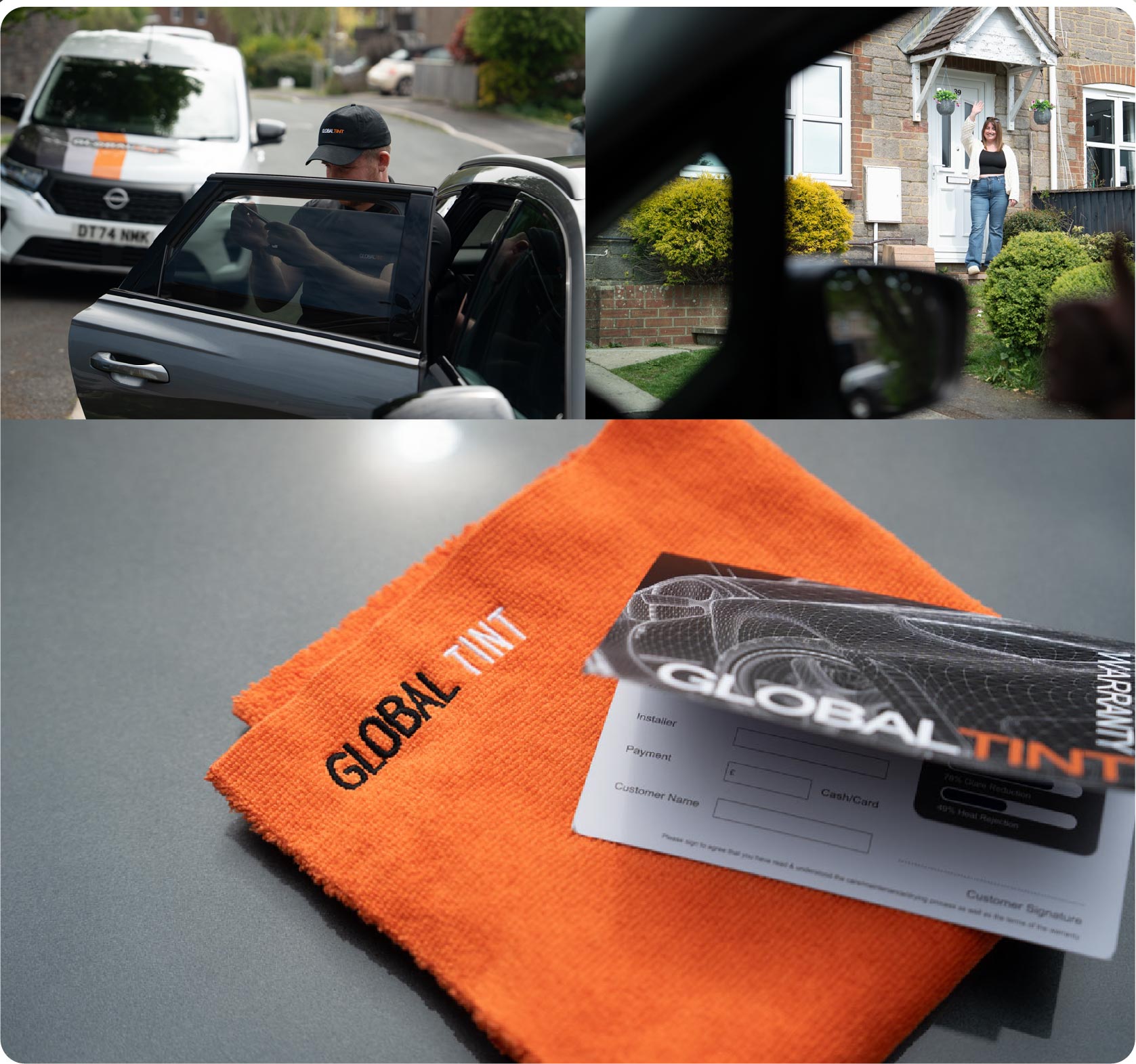 A Global Tint warranty card and cleaning cloth