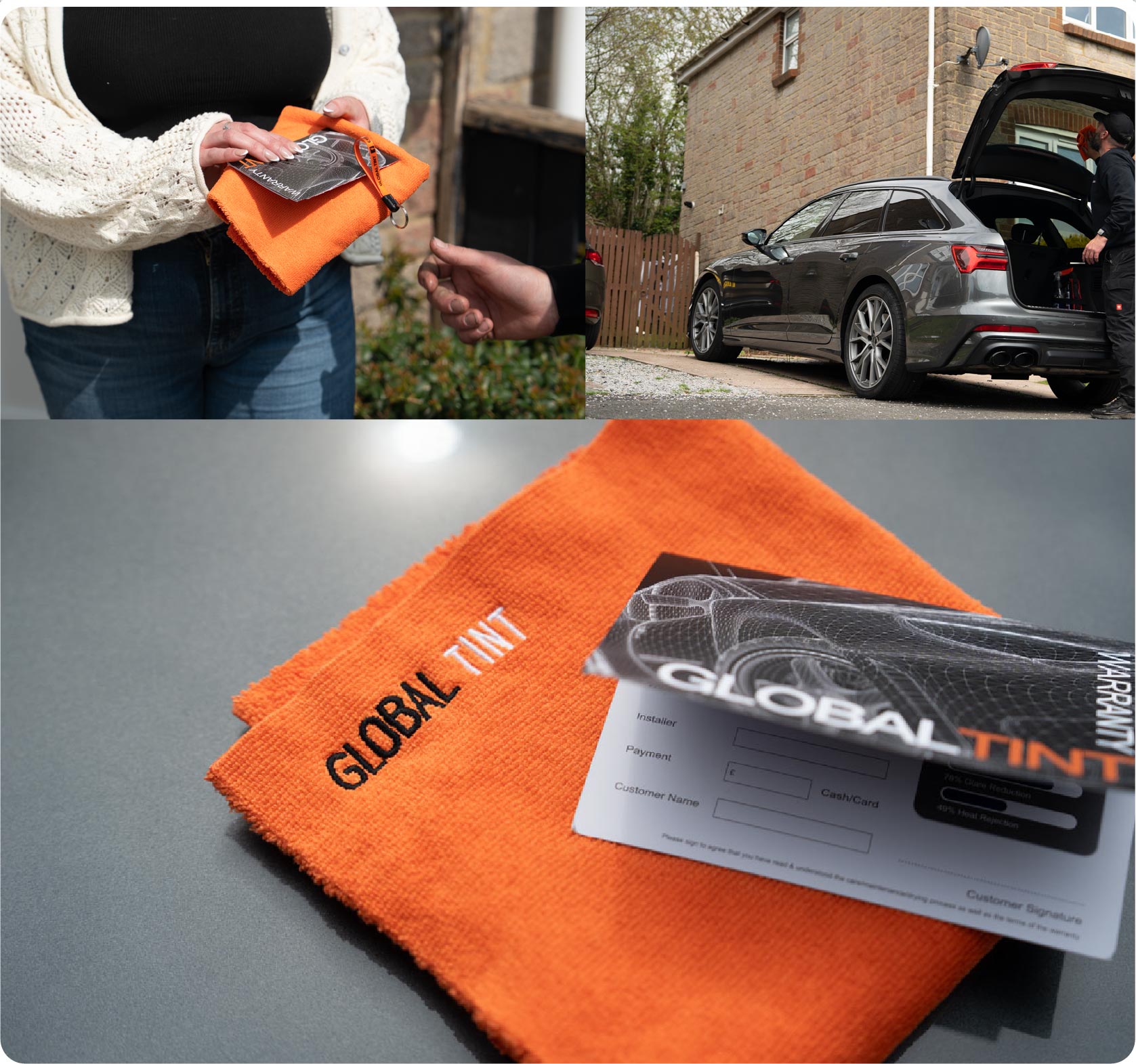 A Global Tint warranty card and cleaning cloth