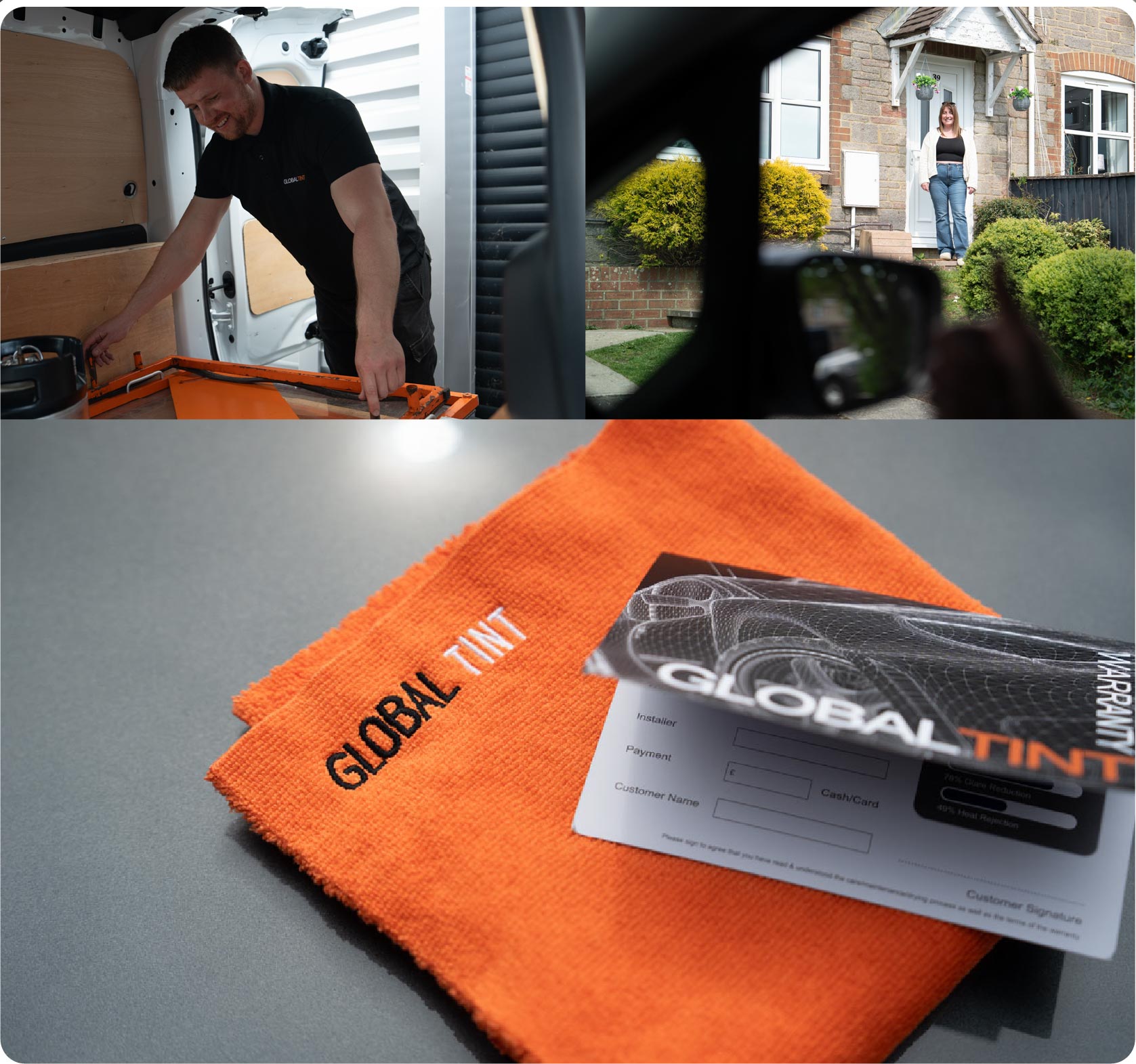 A Global Tint warranty card and cleaning cloth