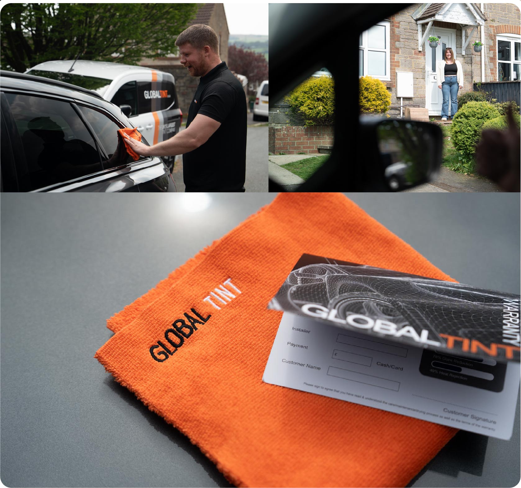 A Global Tint warranty card and cleaning cloth