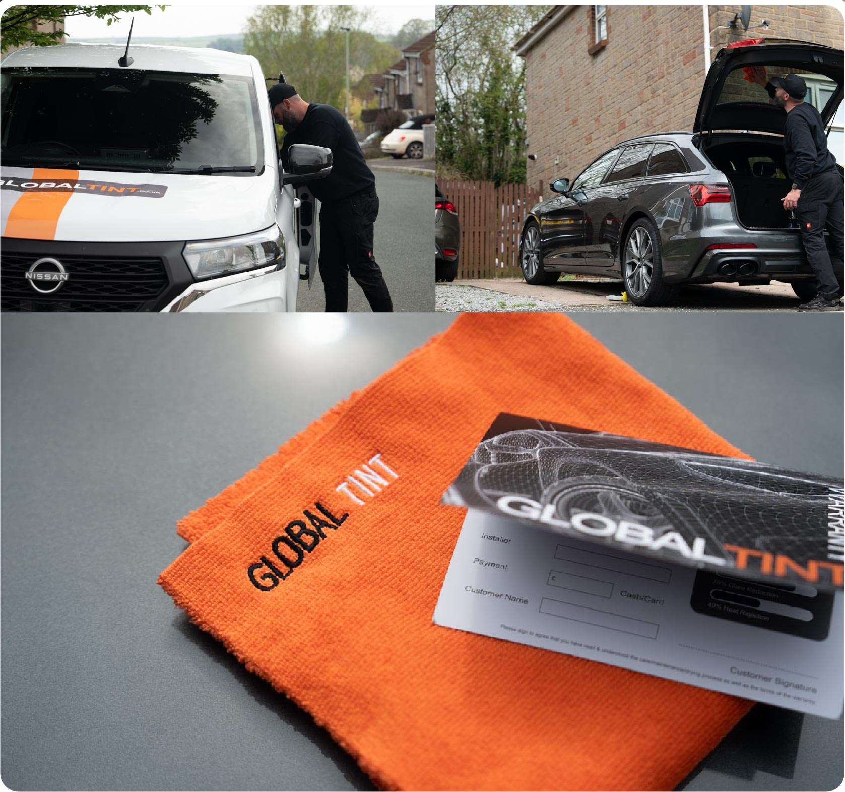 A Global Tint warranty card and cleaning cloth