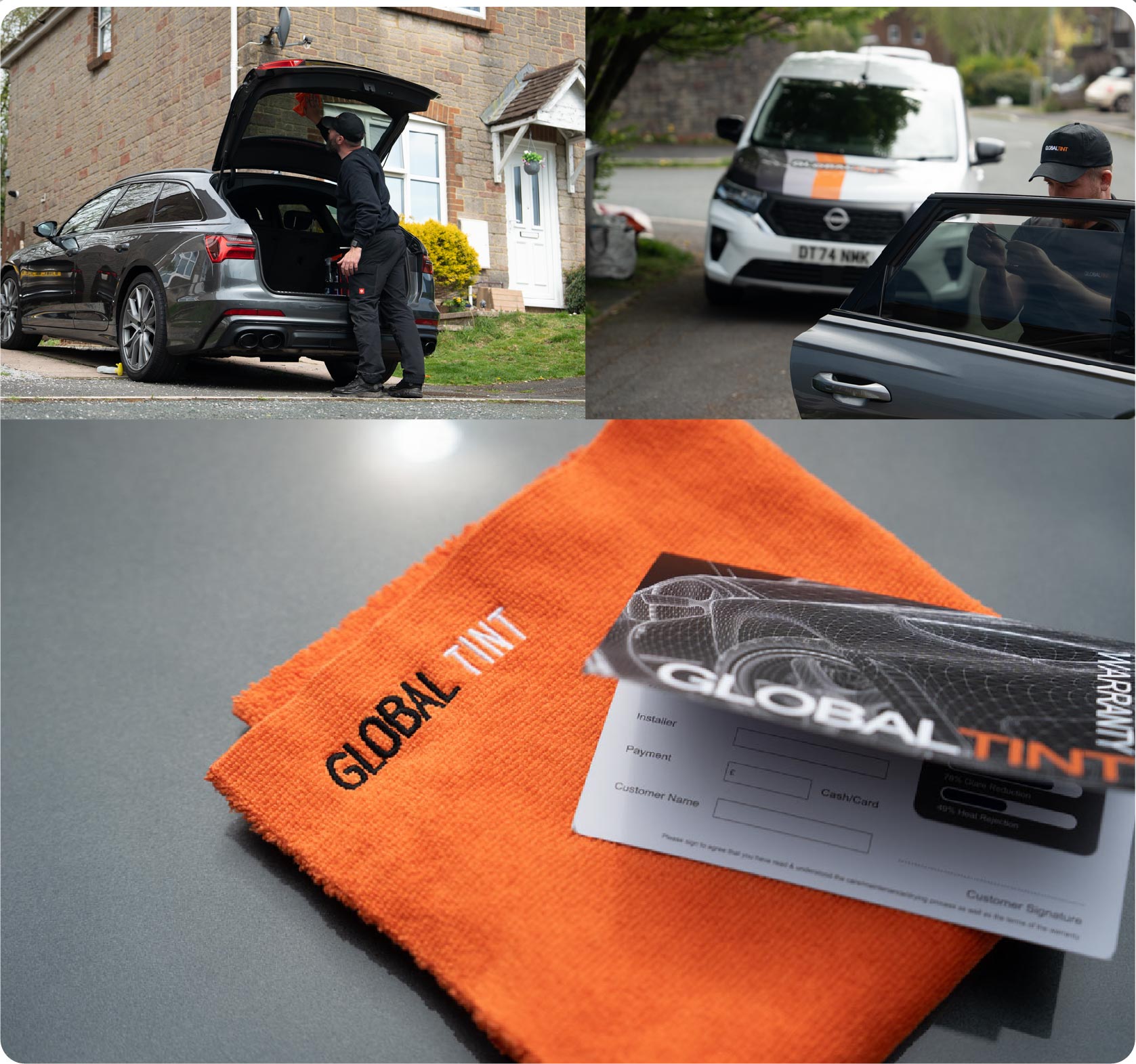 A Global Tint warranty card and cleaning cloth