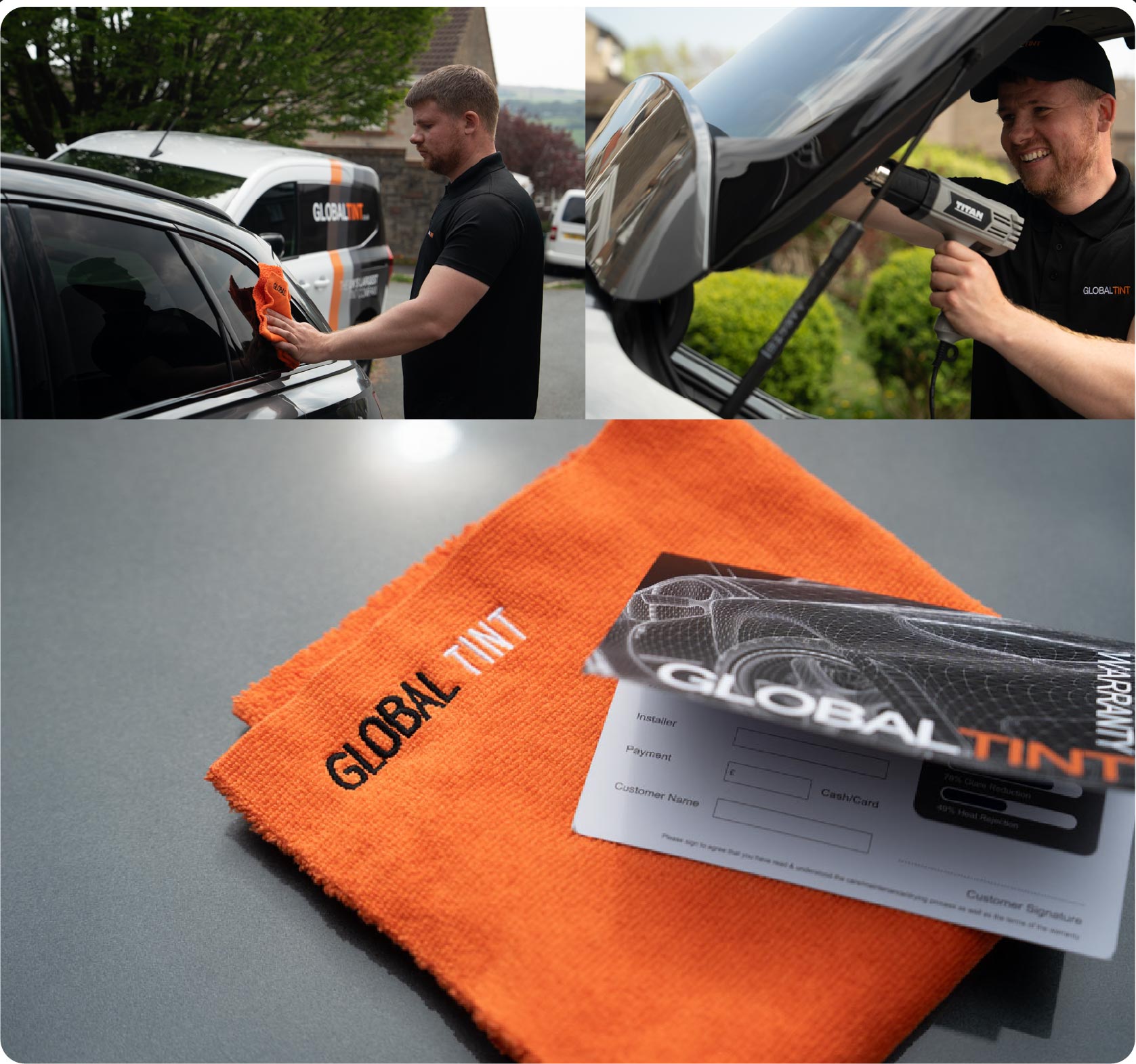 A Global Tint warranty card and cleaning cloth