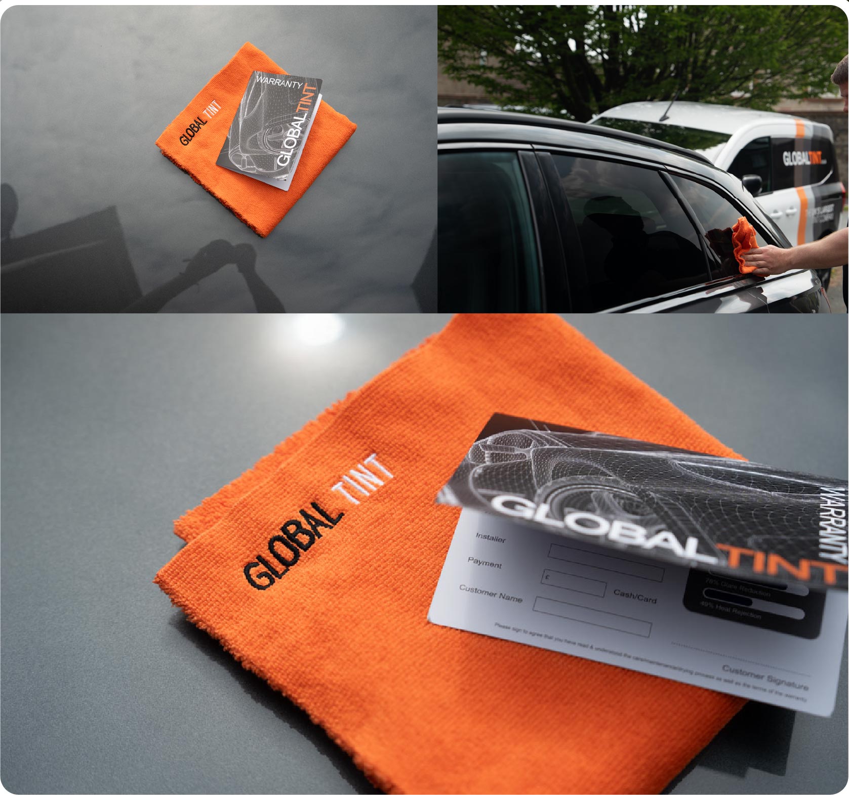 A Global Tint warranty card and cleaning cloth