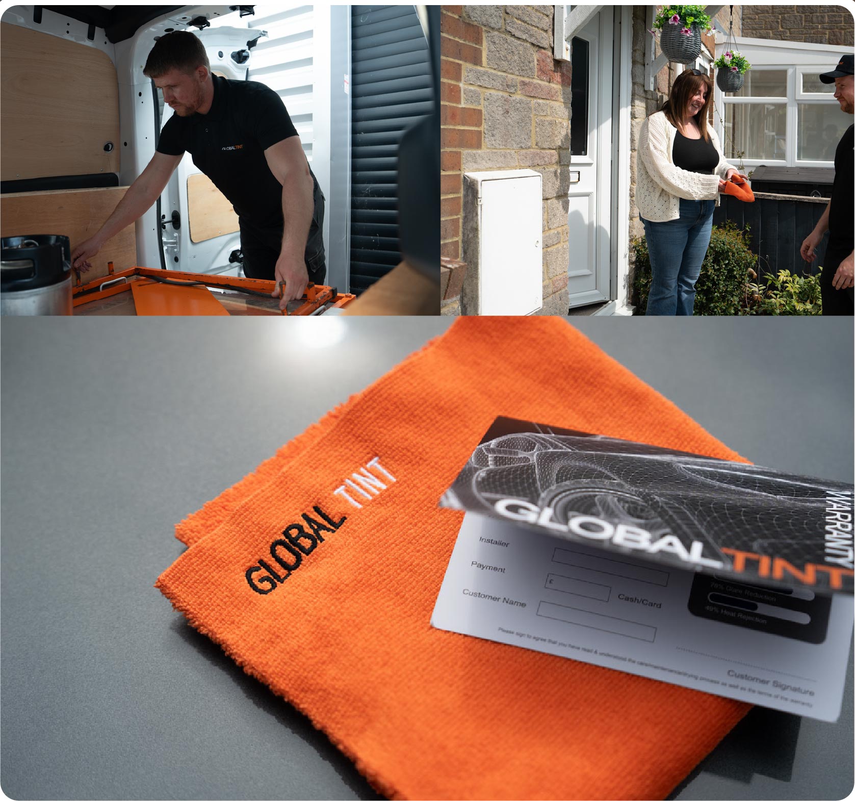 A Global Tint warranty card and cleaning cloth
