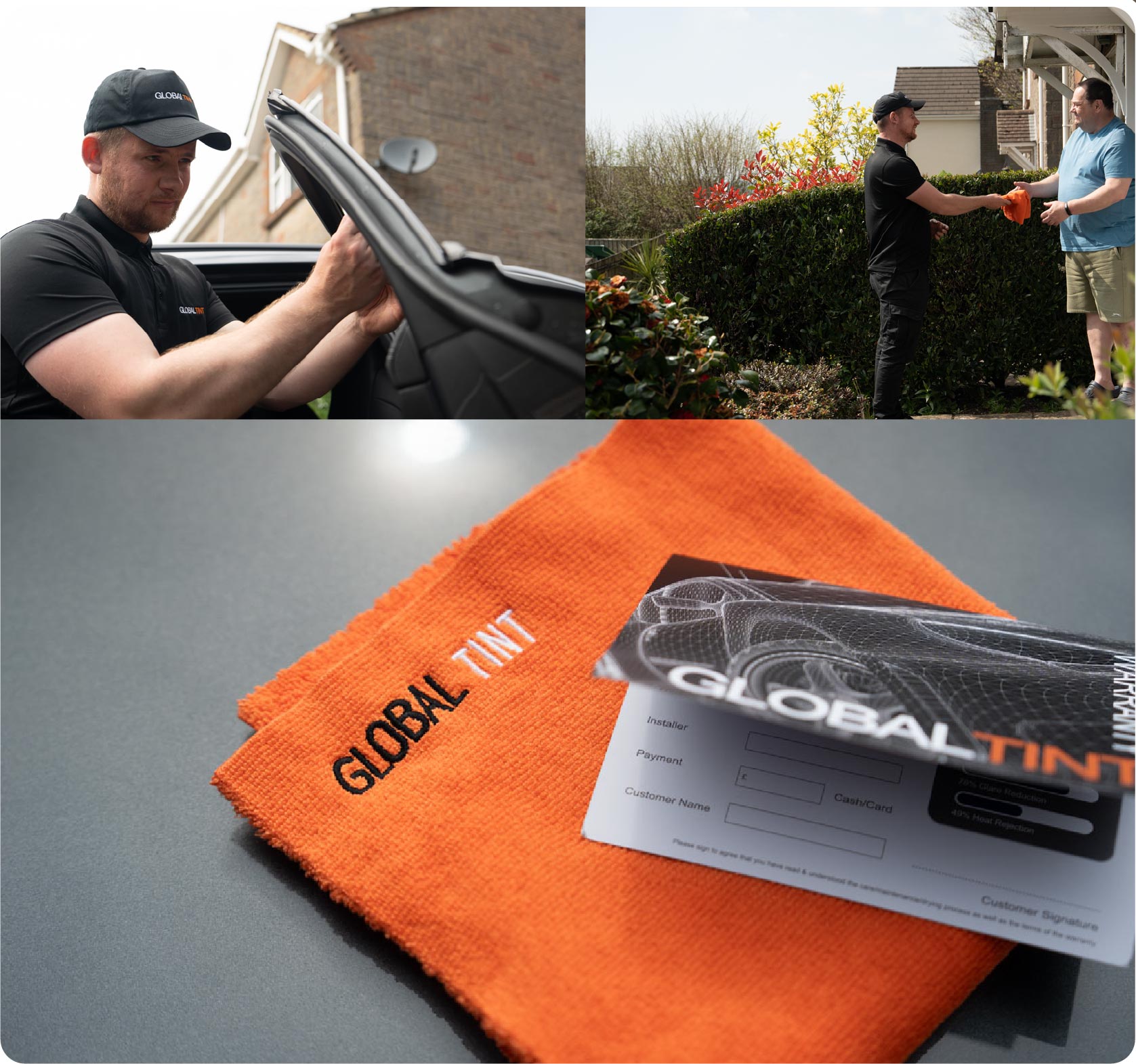 A Global Tint warranty card and cleaning cloth