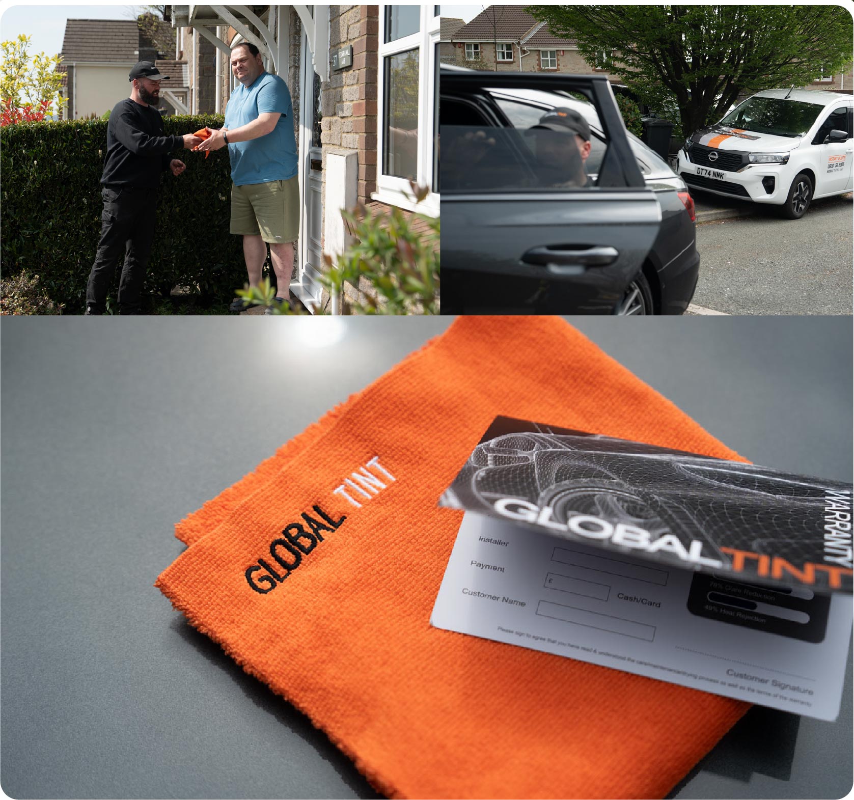 A Global Tint warranty card and cleaning cloth