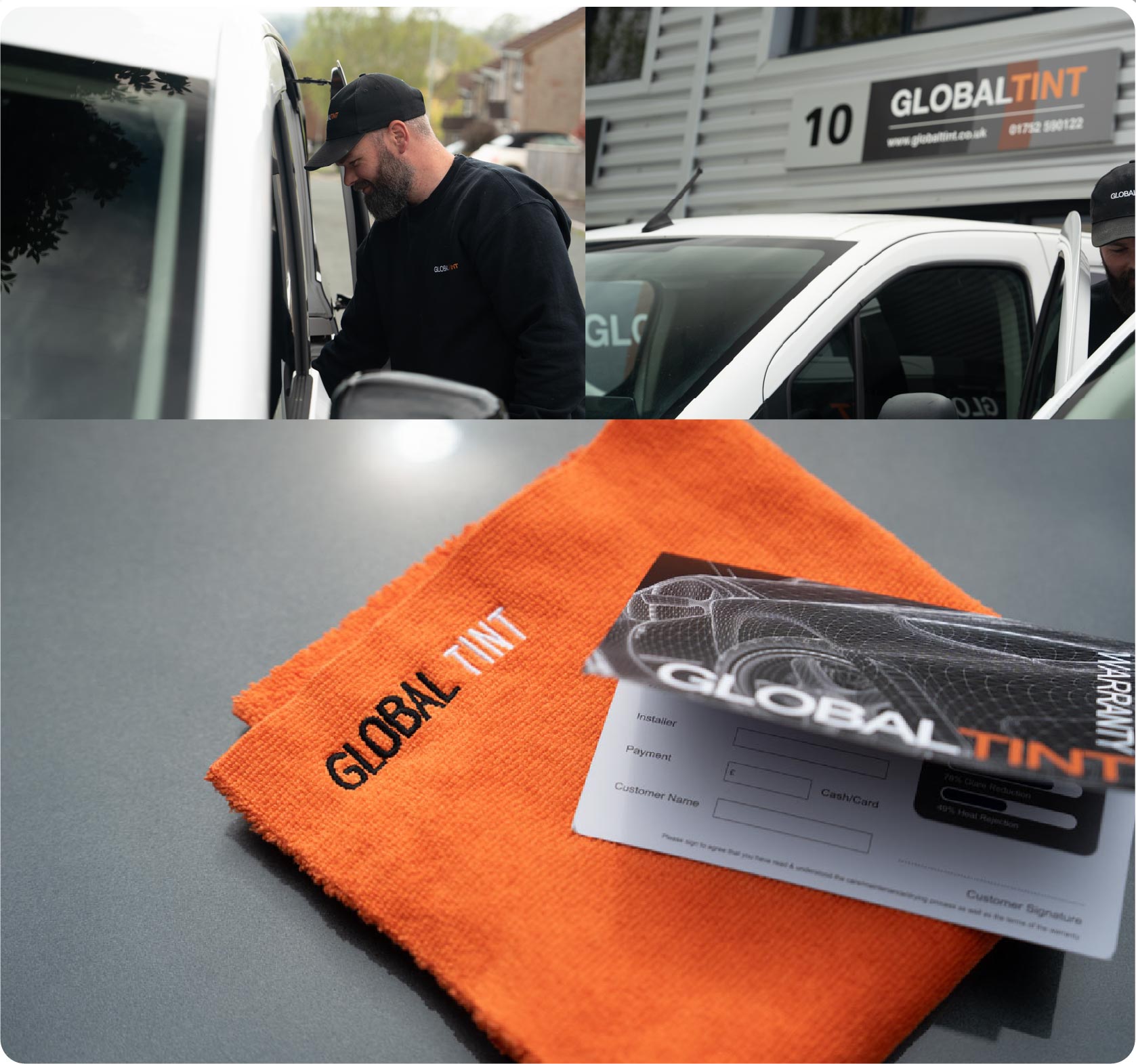 A Global Tint warranty card and cleaning cloth