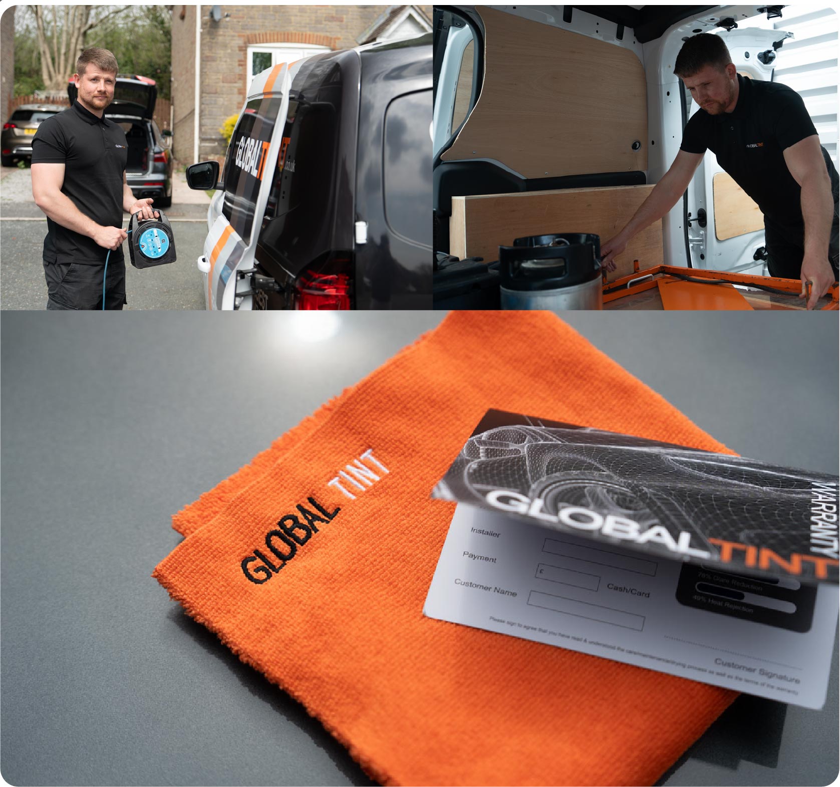 A Global Tint warranty card and cleaning cloth