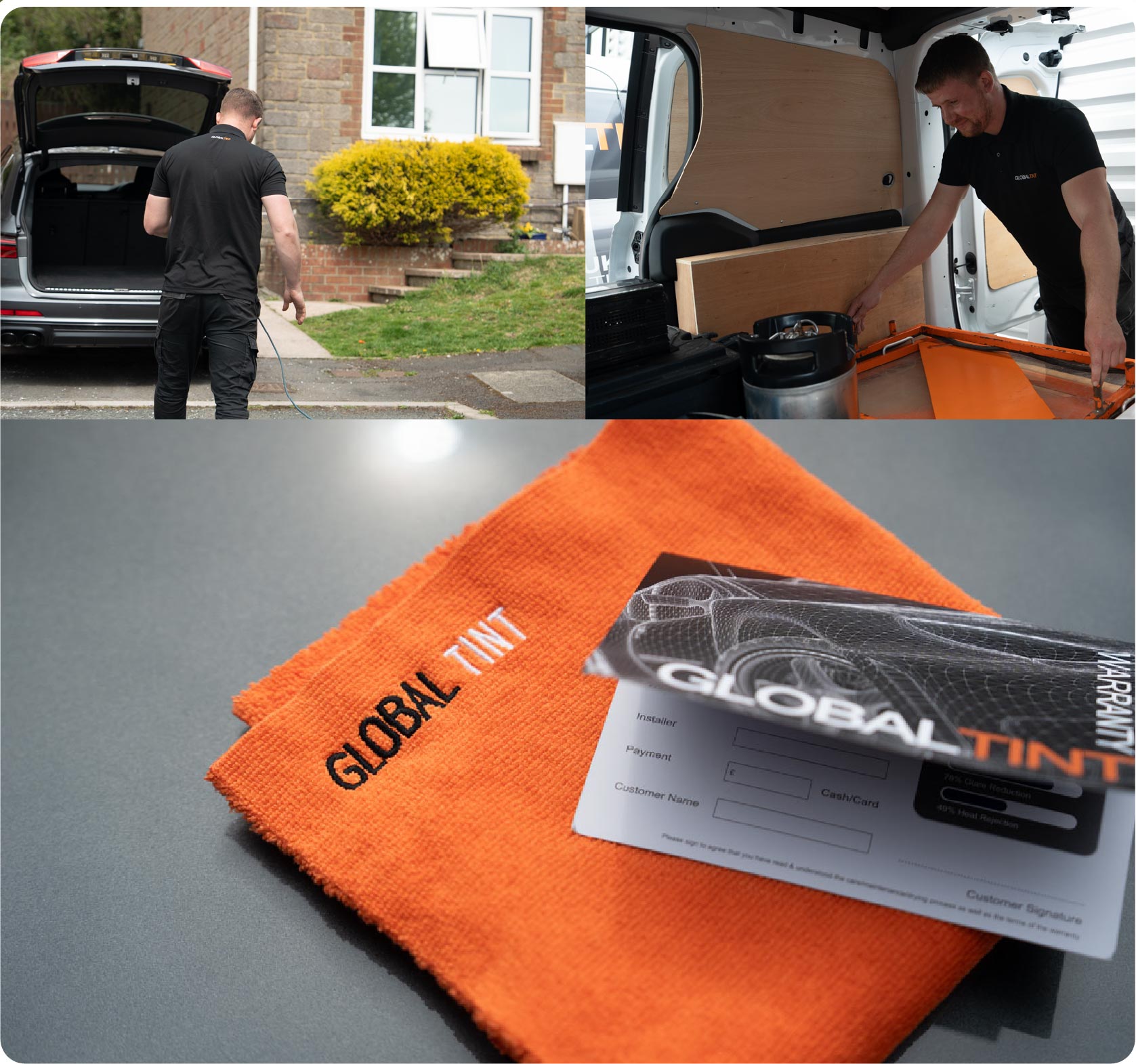 A Global Tint warranty card and cleaning cloth