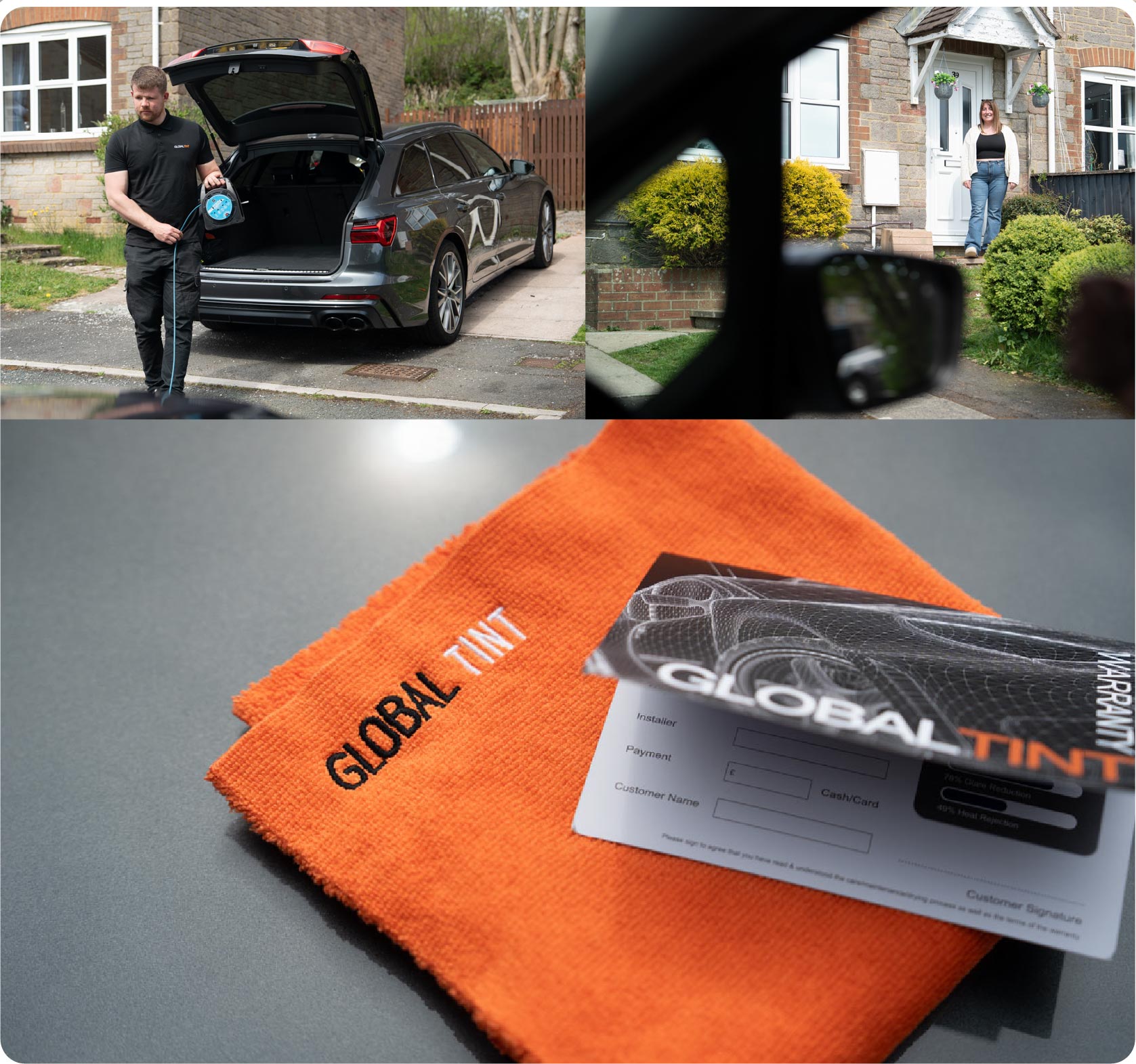A Global Tint warranty card and cleaning cloth