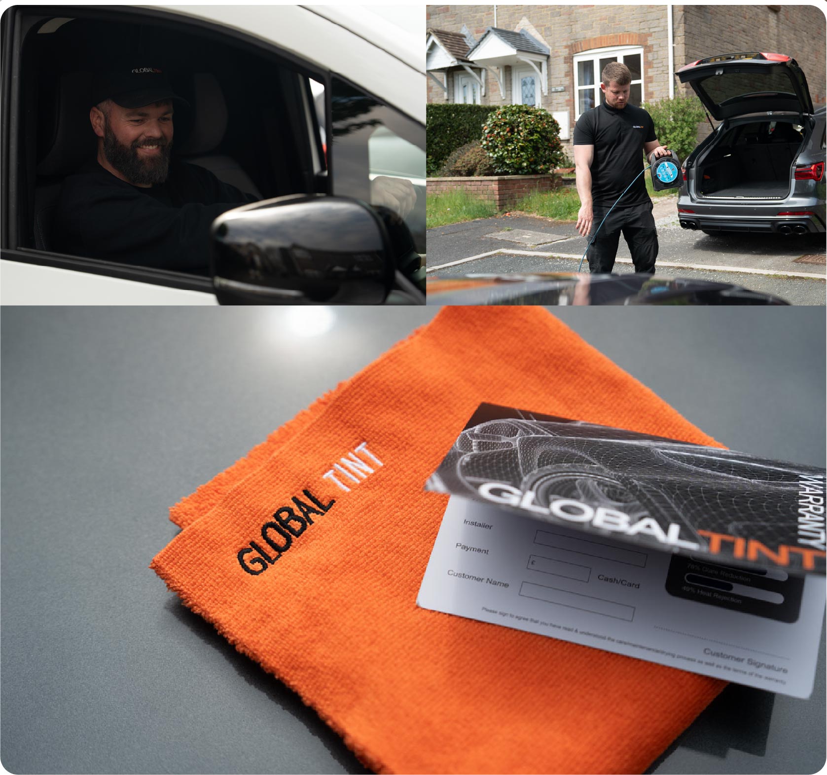 A Global Tint warranty card and cleaning cloth