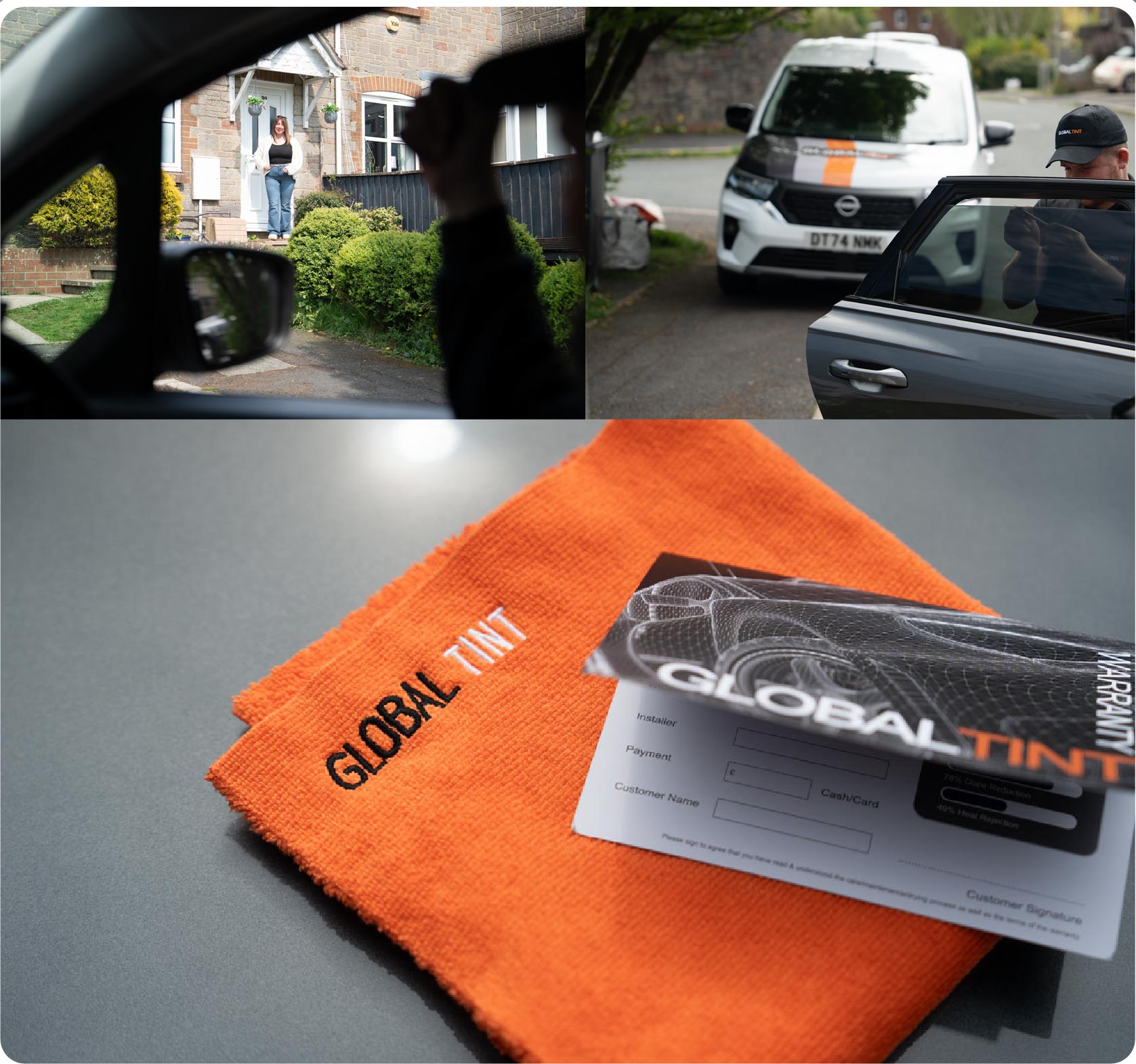 A Global Tint warranty card and cleaning cloth