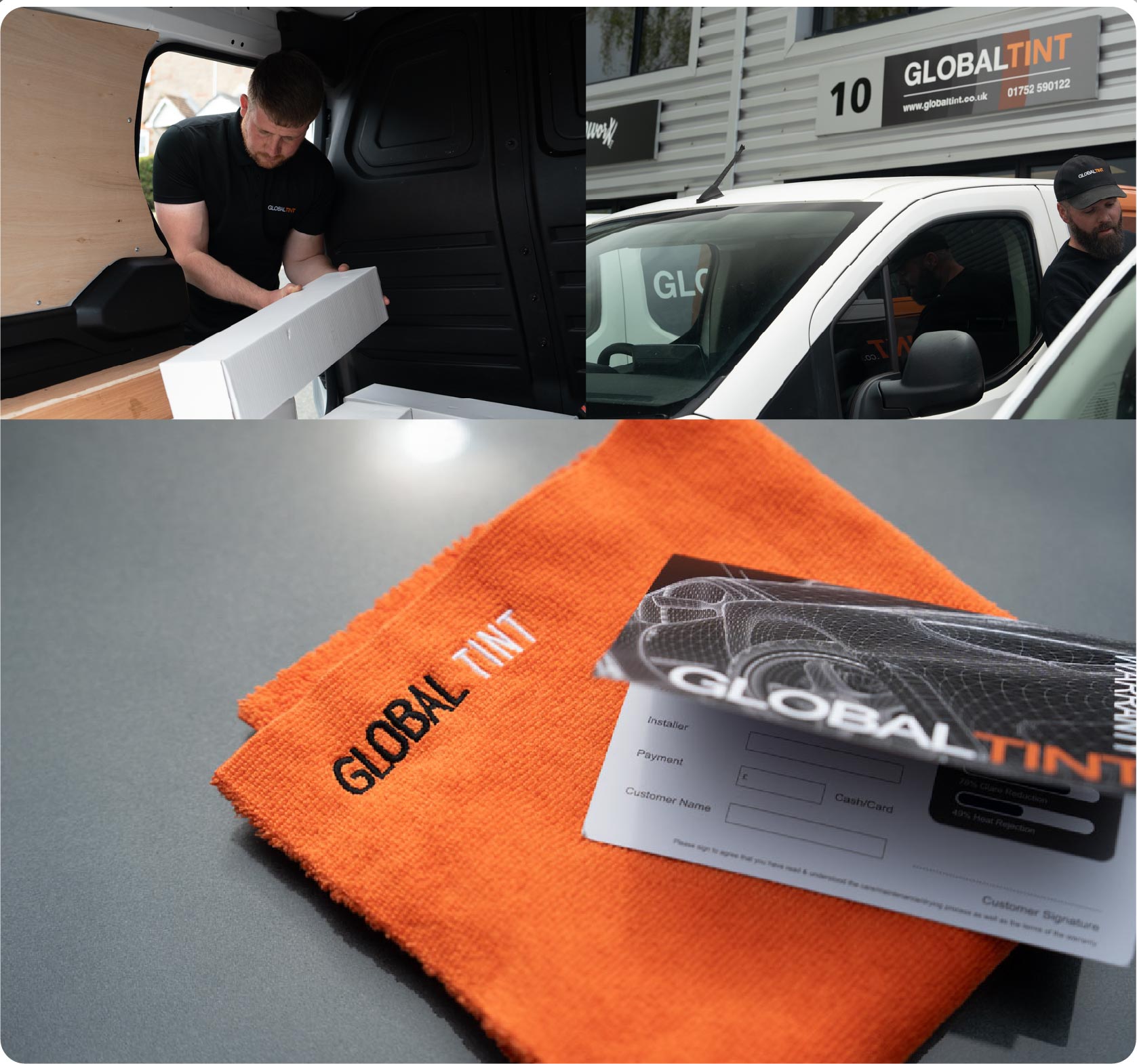 A Global Tint warranty card and cleaning cloth