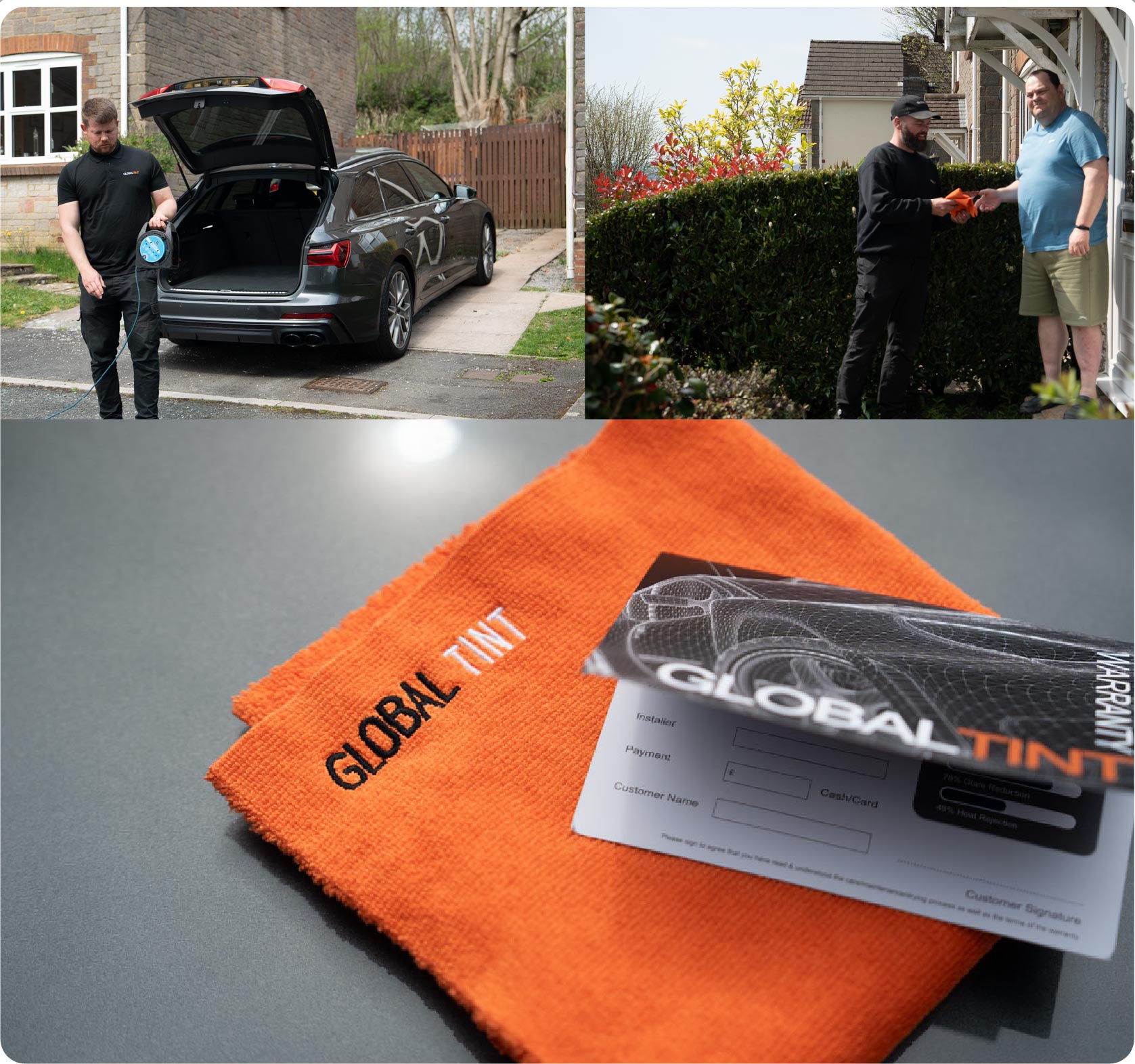 A Global Tint warranty card and cleaning cloth