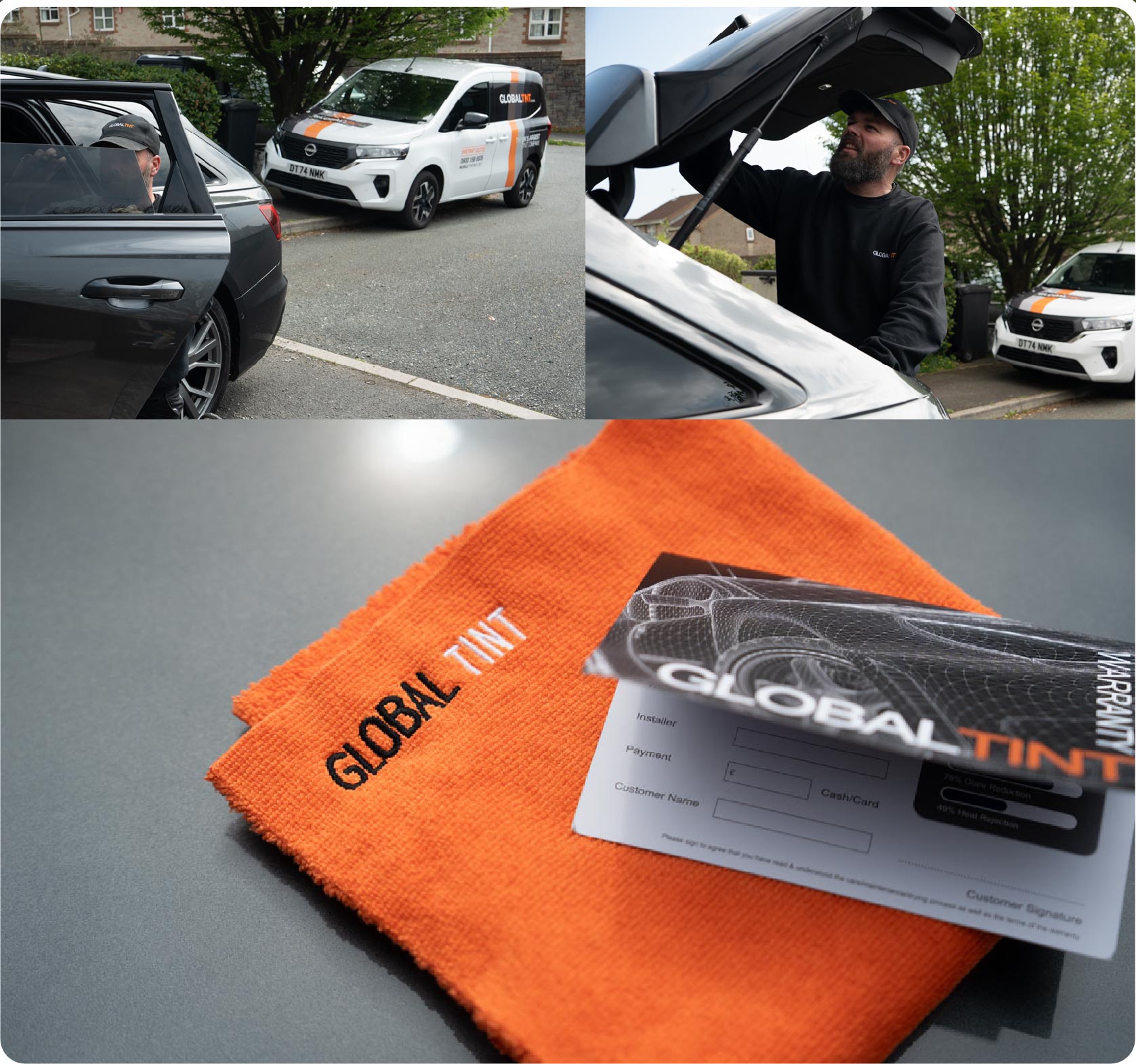 A Global Tint warranty card and cleaning cloth