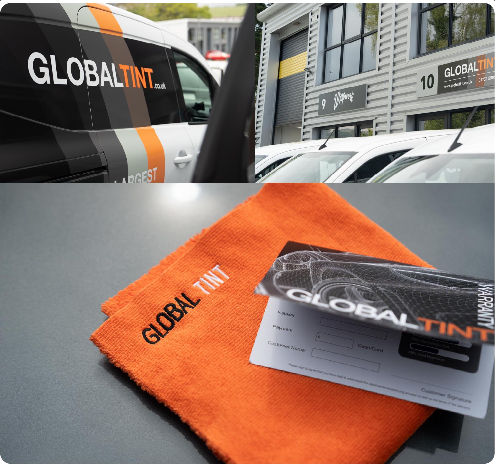 A Global Tint warranty card and cleaning cloth