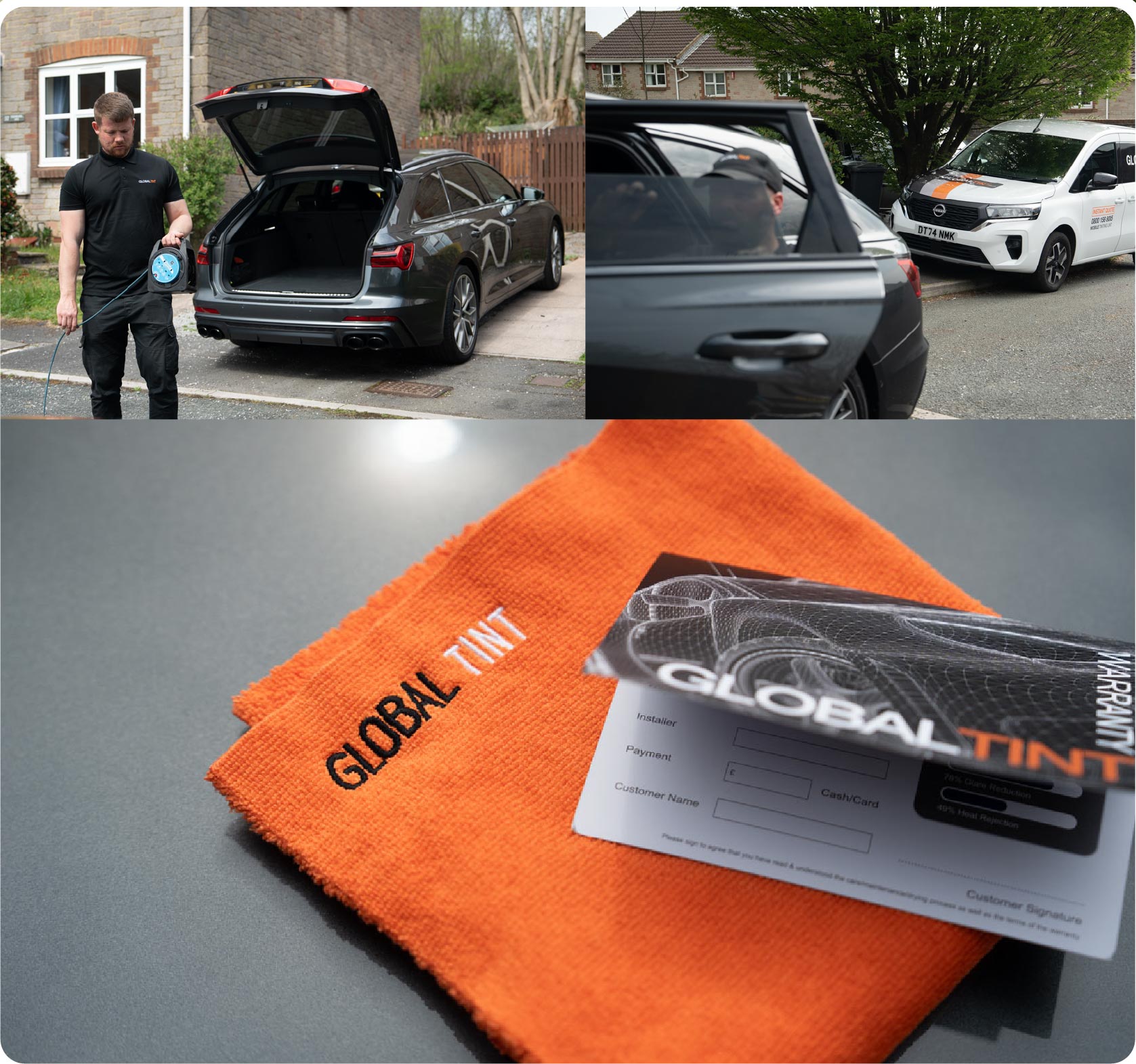 A Global Tint warranty card and cleaning cloth