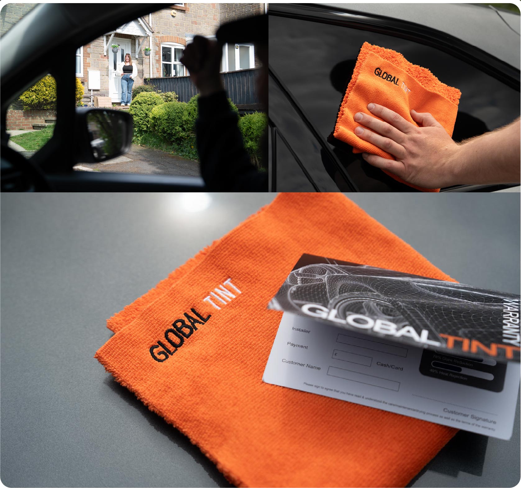 A Global Tint warranty card and cleaning cloth