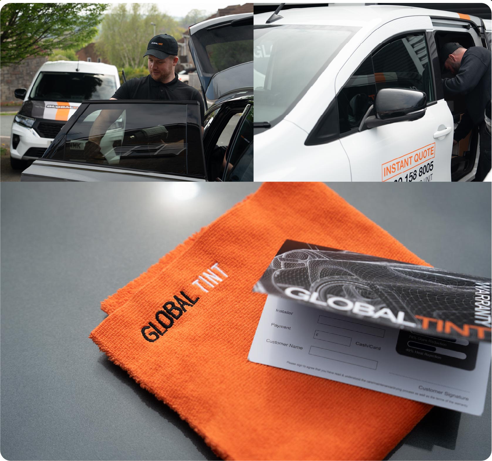 A Global Tint warranty card and cleaning cloth