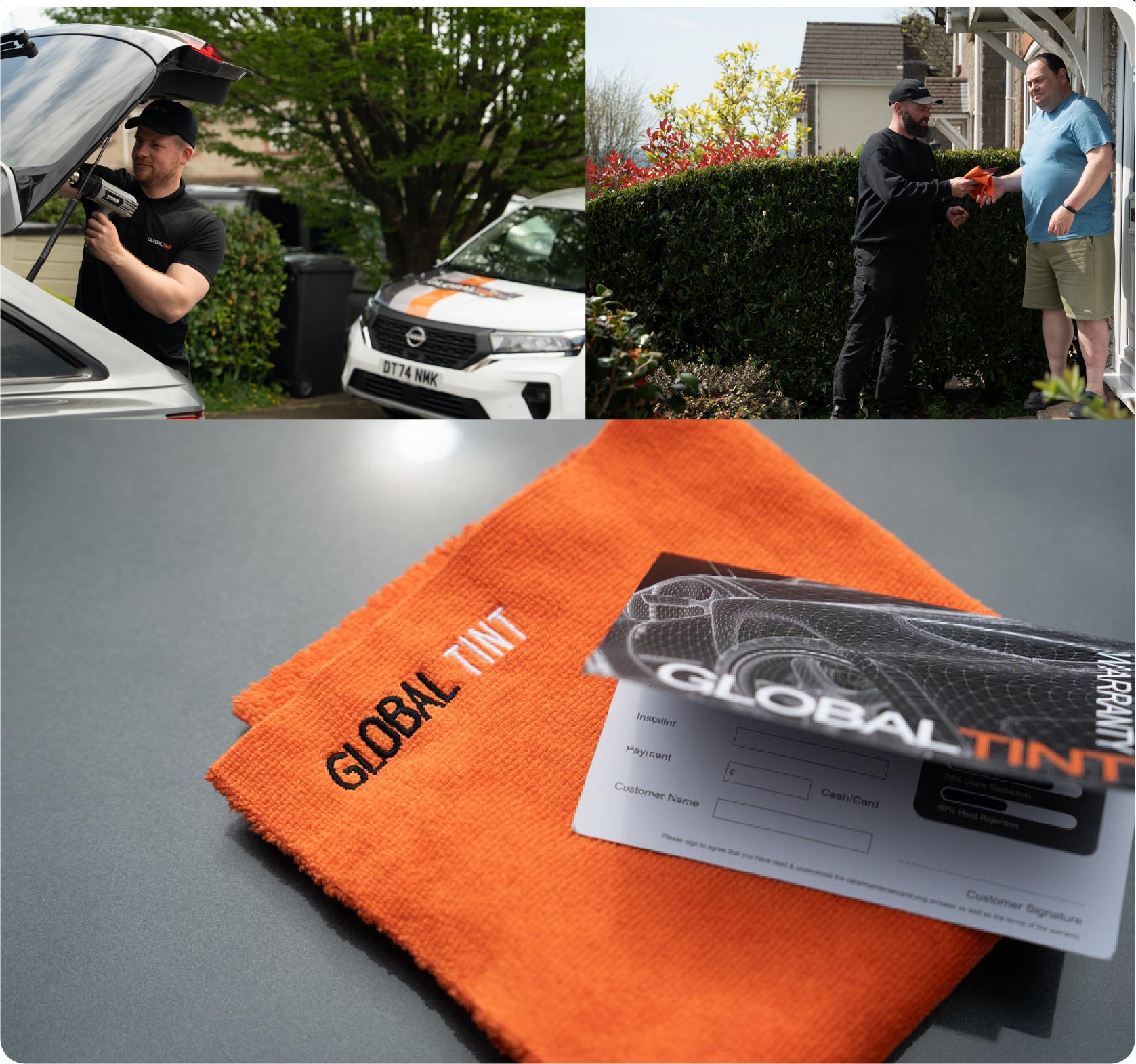 A Global Tint warranty card and cleaning cloth