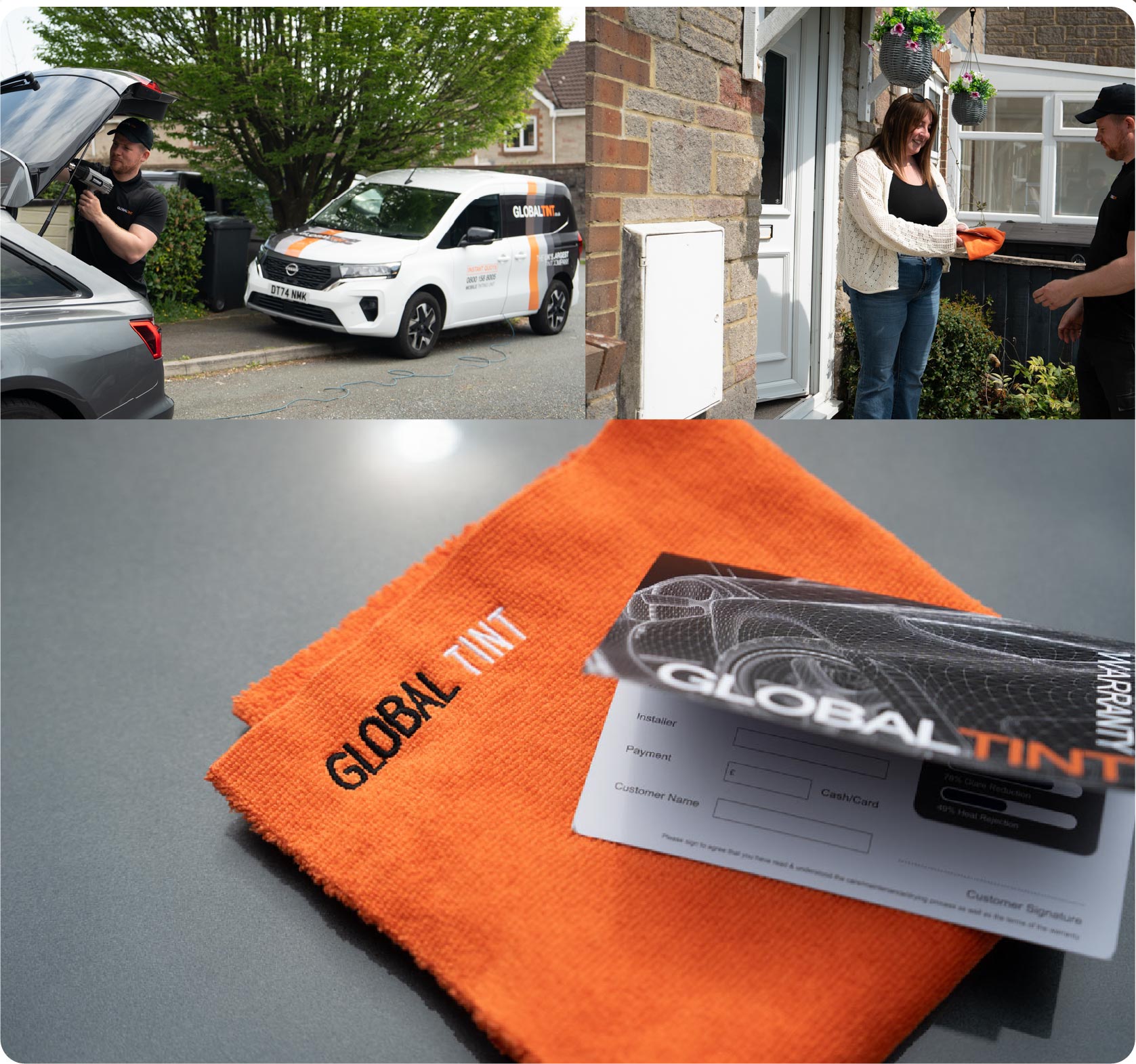 A Global Tint warranty card and cleaning cloth