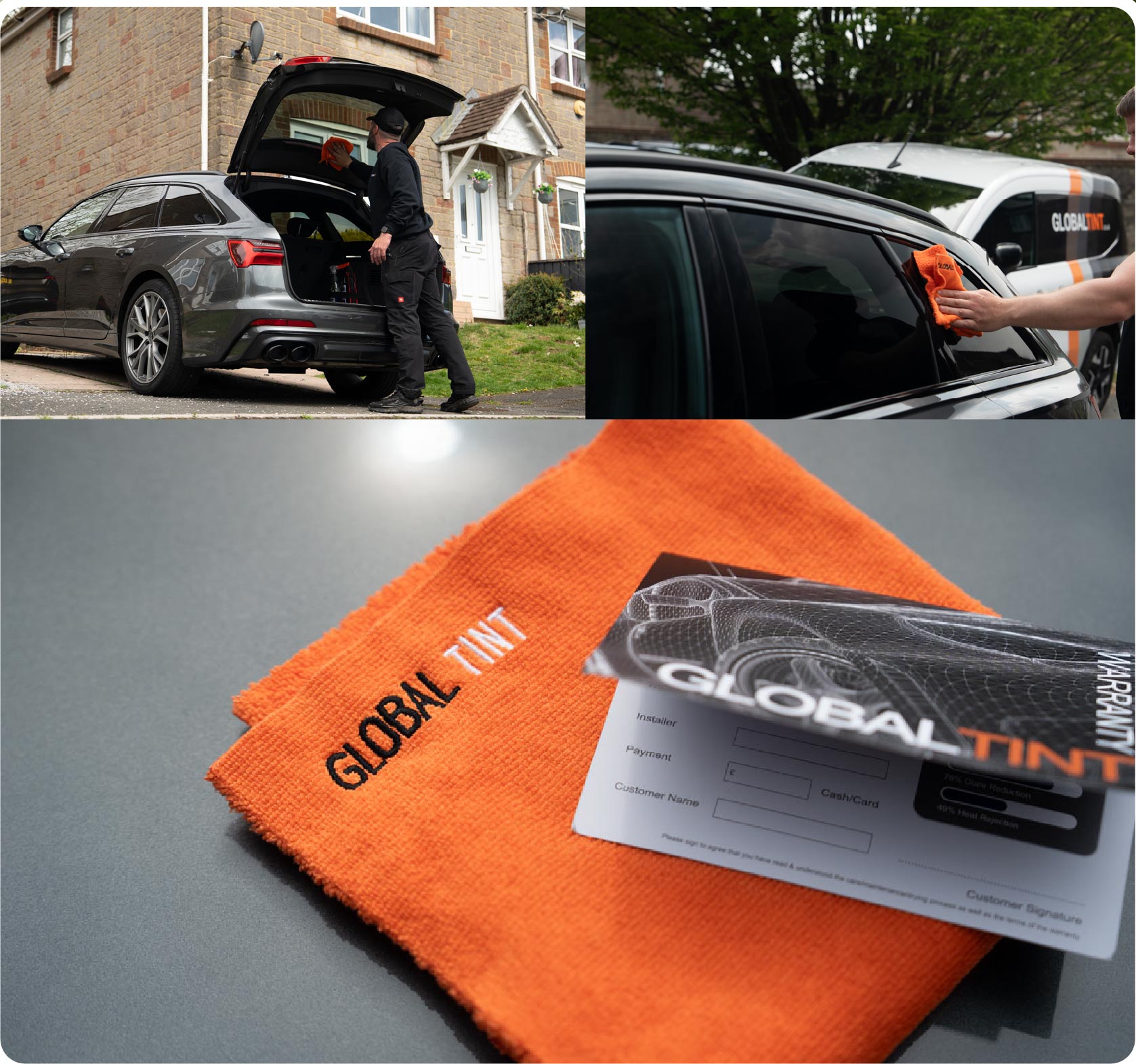 A Global Tint warranty card and cleaning cloth