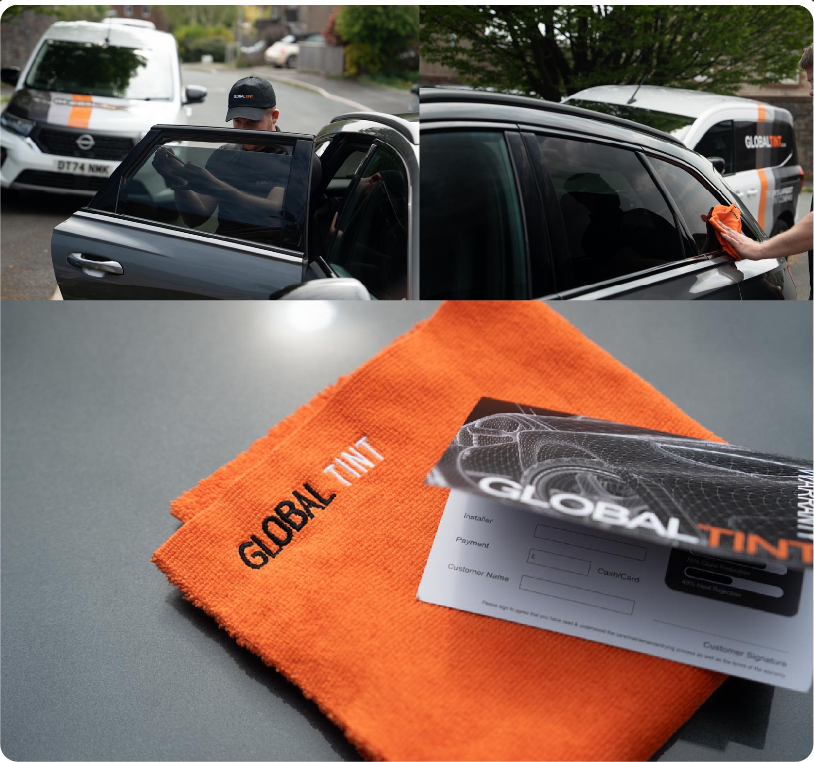A Global Tint warranty card and cleaning cloth