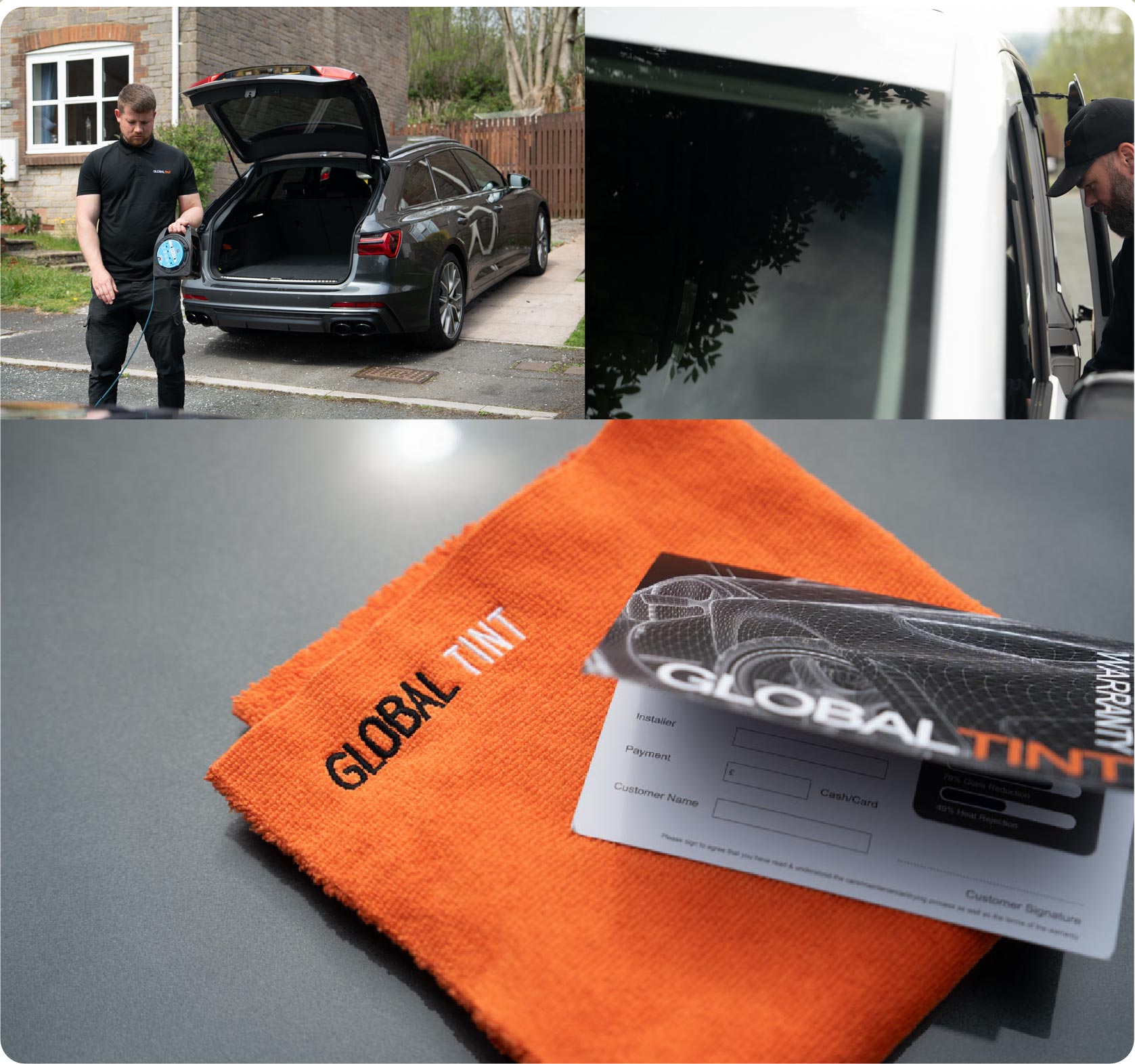A Global Tint warranty card and cleaning cloth