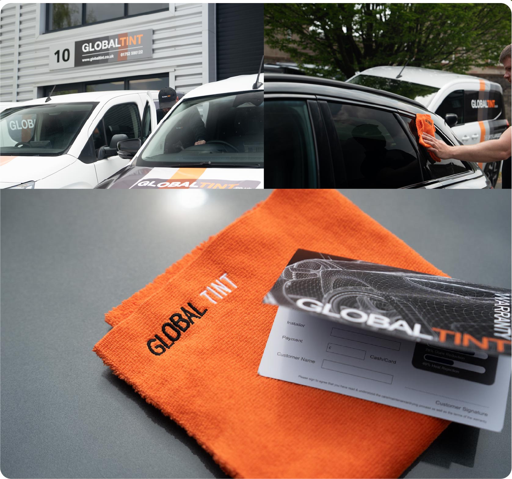 A Global Tint warranty card and cleaning cloth