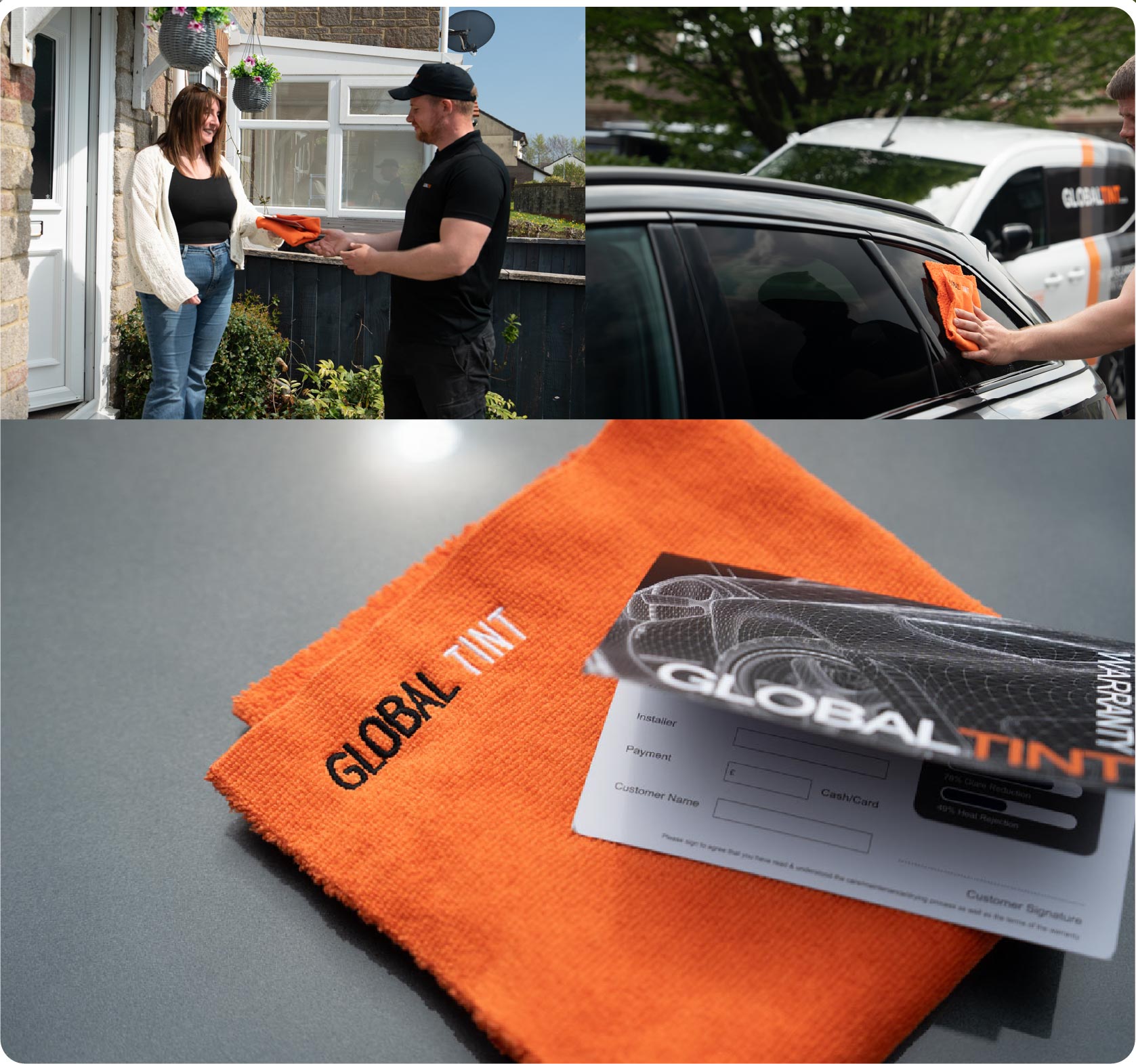 A Global Tint warranty card and cleaning cloth