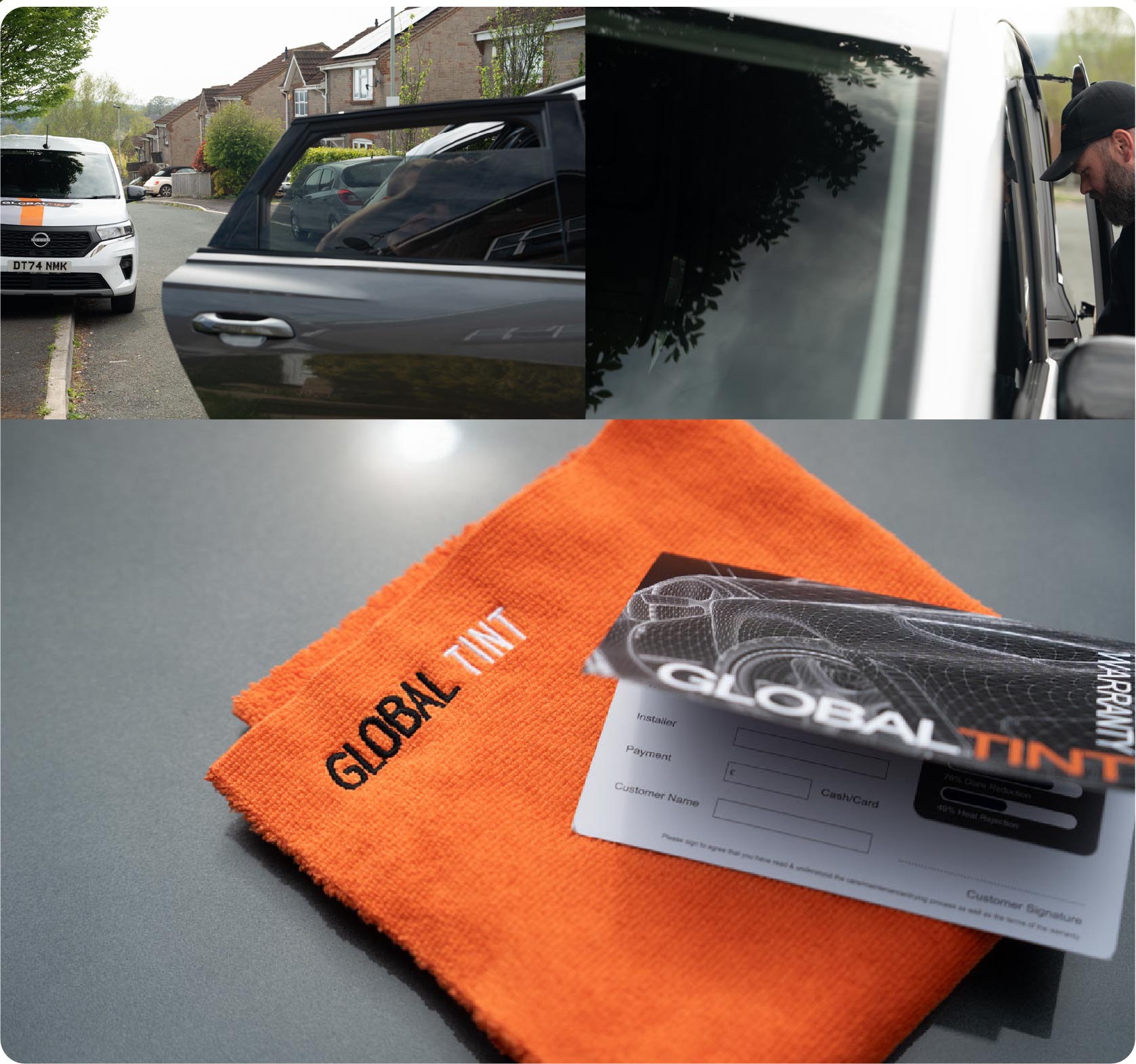 A Global Tint warranty card and cleaning cloth