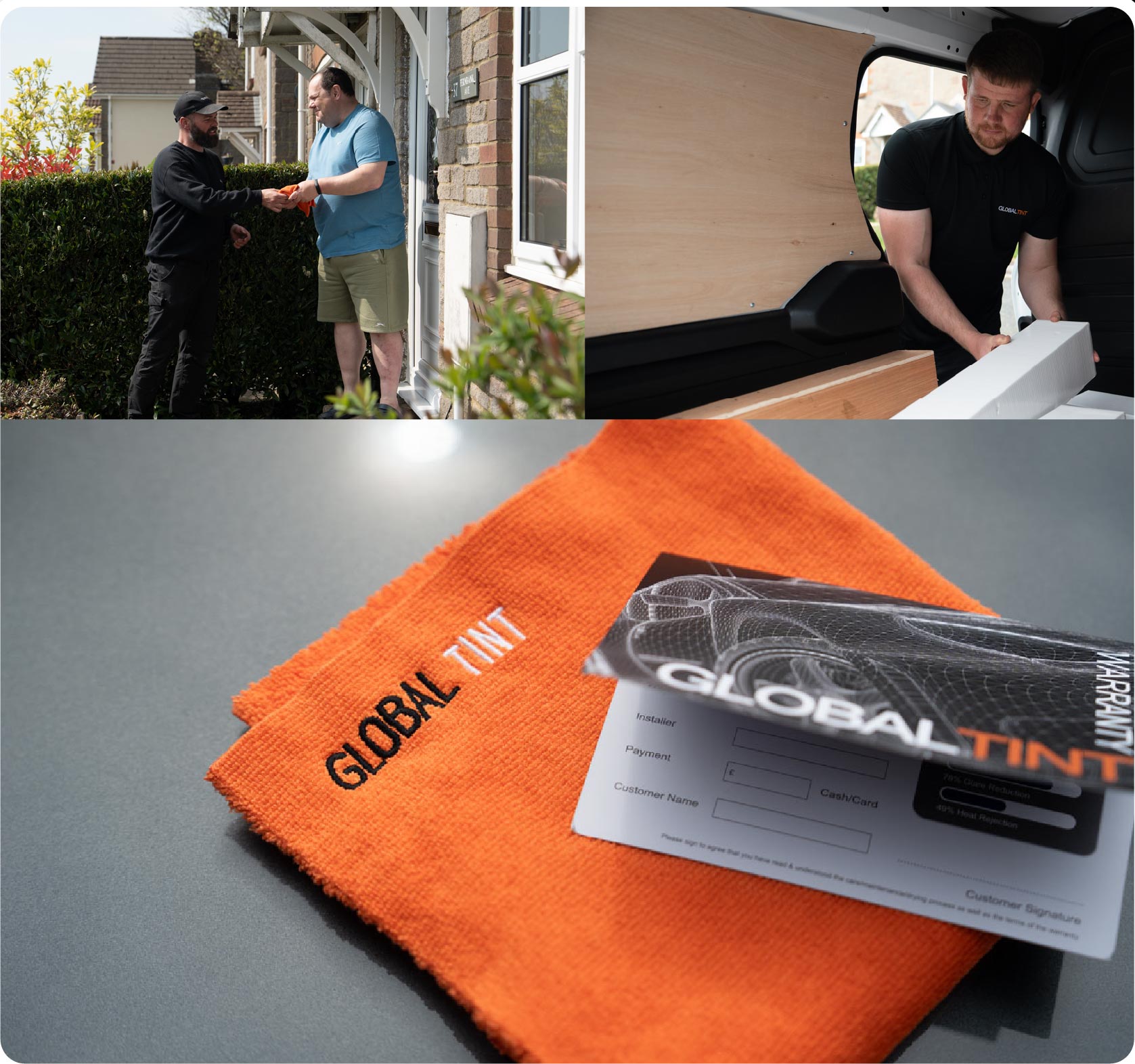 A Global Tint warranty card and cleaning cloth