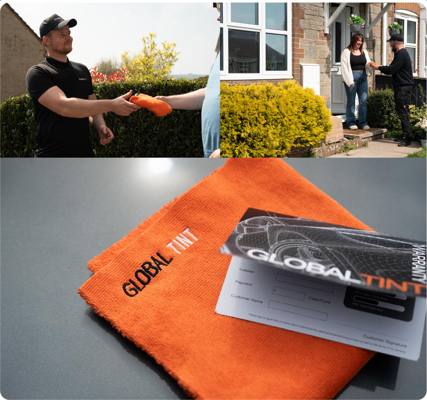 A Global Tint warranty card and cleaning cloth