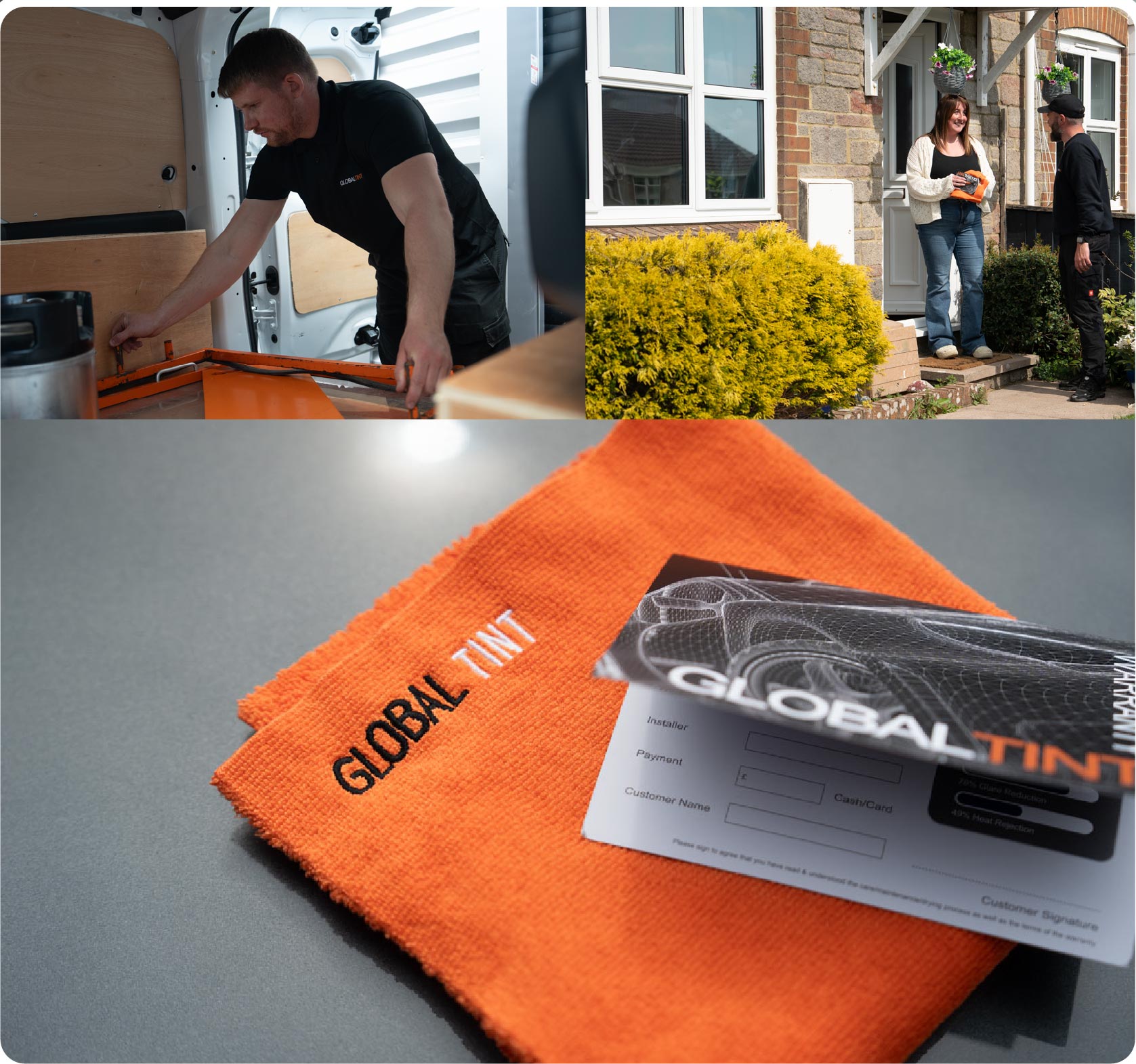 A Global Tint warranty card and cleaning cloth